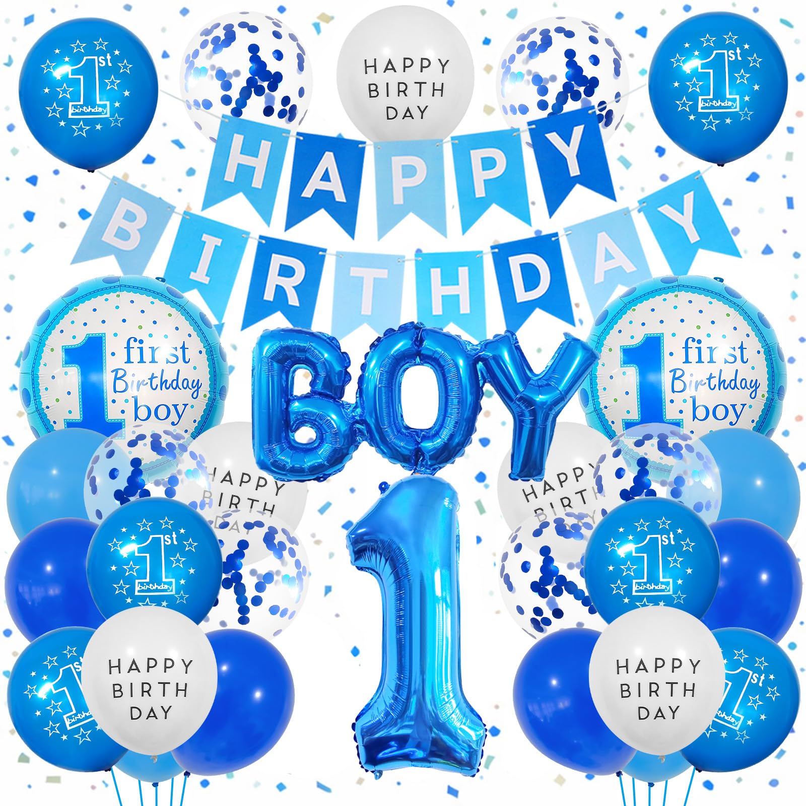 1st Birthday Decorations for Boys – Blue Happy Birthday Banner with Number 1 & BOY Foil Balloons, Confetti Balloons First Party Supplies for Baby 1 Year Old Birthday Party Decor