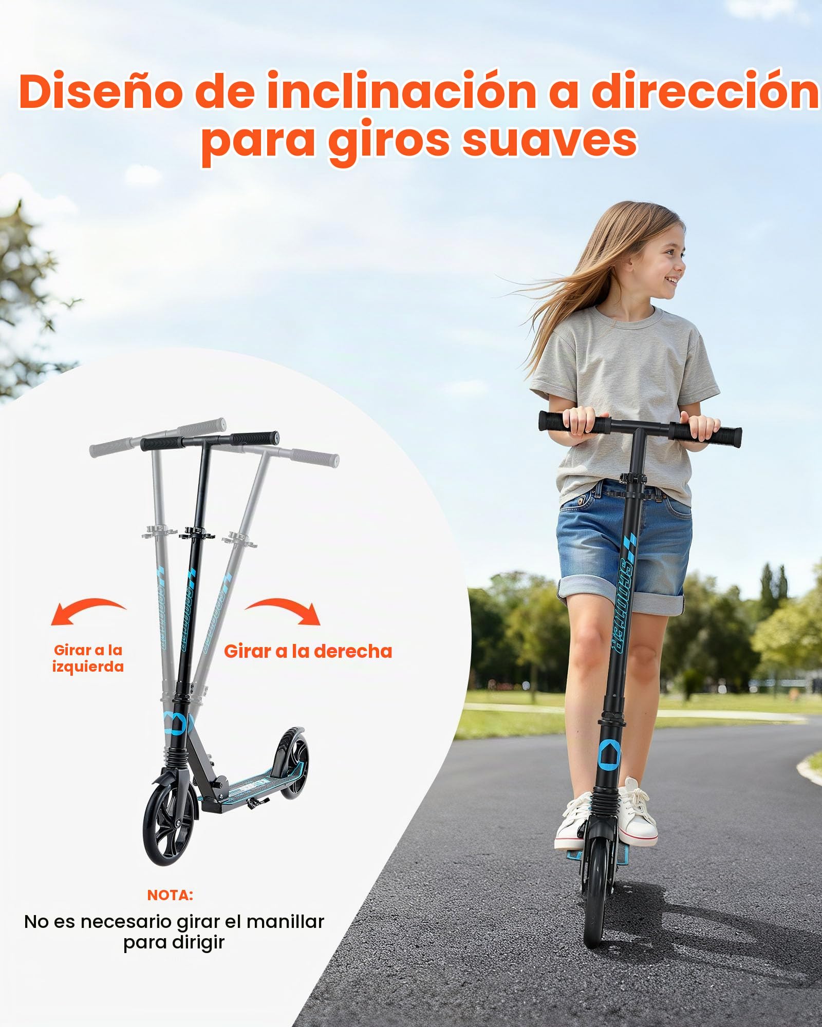 VEVOR Patinete 2 Ruedas, a Niños a Partir de 8 Años, Patinete Urbano Plegable con Manillar Regulable en Altura 860/930/1000 mm y Base Antideslizante, hasta 100 kg, Armazón de Acero, Negro y Azul