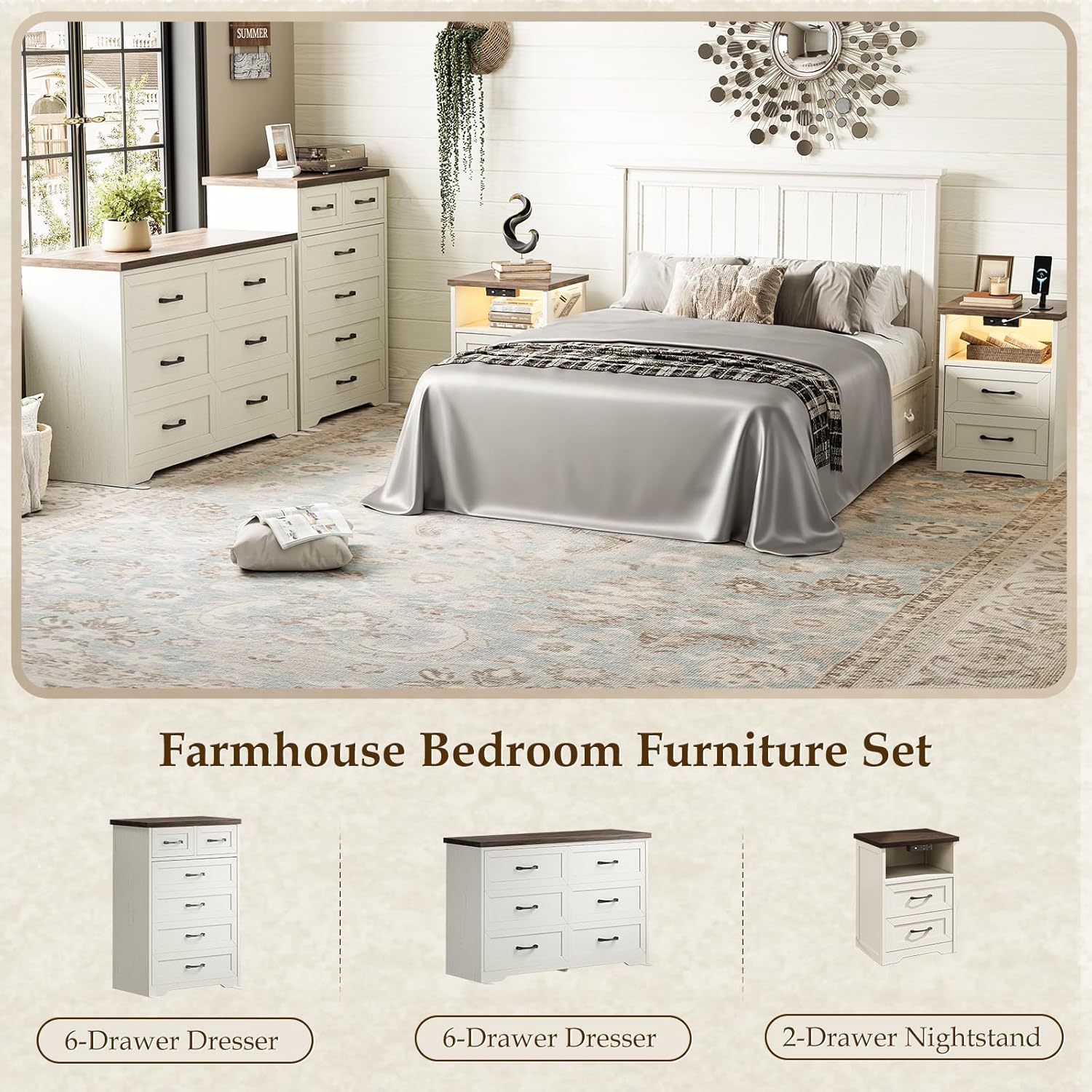 AODK Farmhouse 6 Drawer Dresser for Bedroom, 47” Wide Rustic Storage Dresser with Engineered Wood Frame, Anti-Tip Safety Chest, American Country Bedroom Furniture, Walnut & Vintage White
