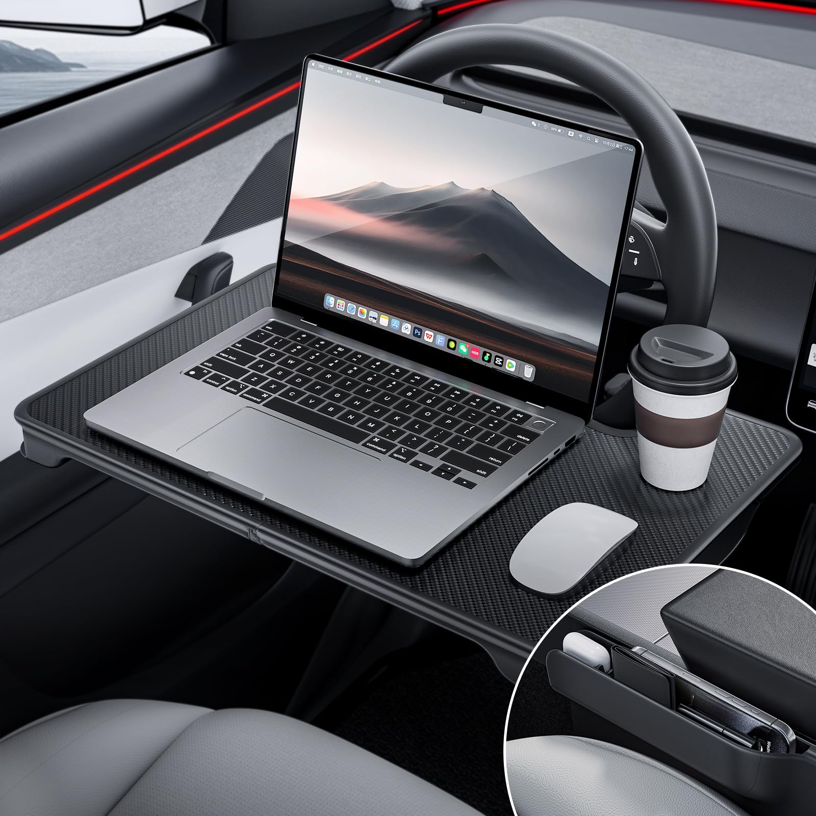 YONZEE 2-in-1 Car Steering Wheel Desk Tray Car Seat Gap Filler Organizer Foldable Carbon Fiber Look Table for