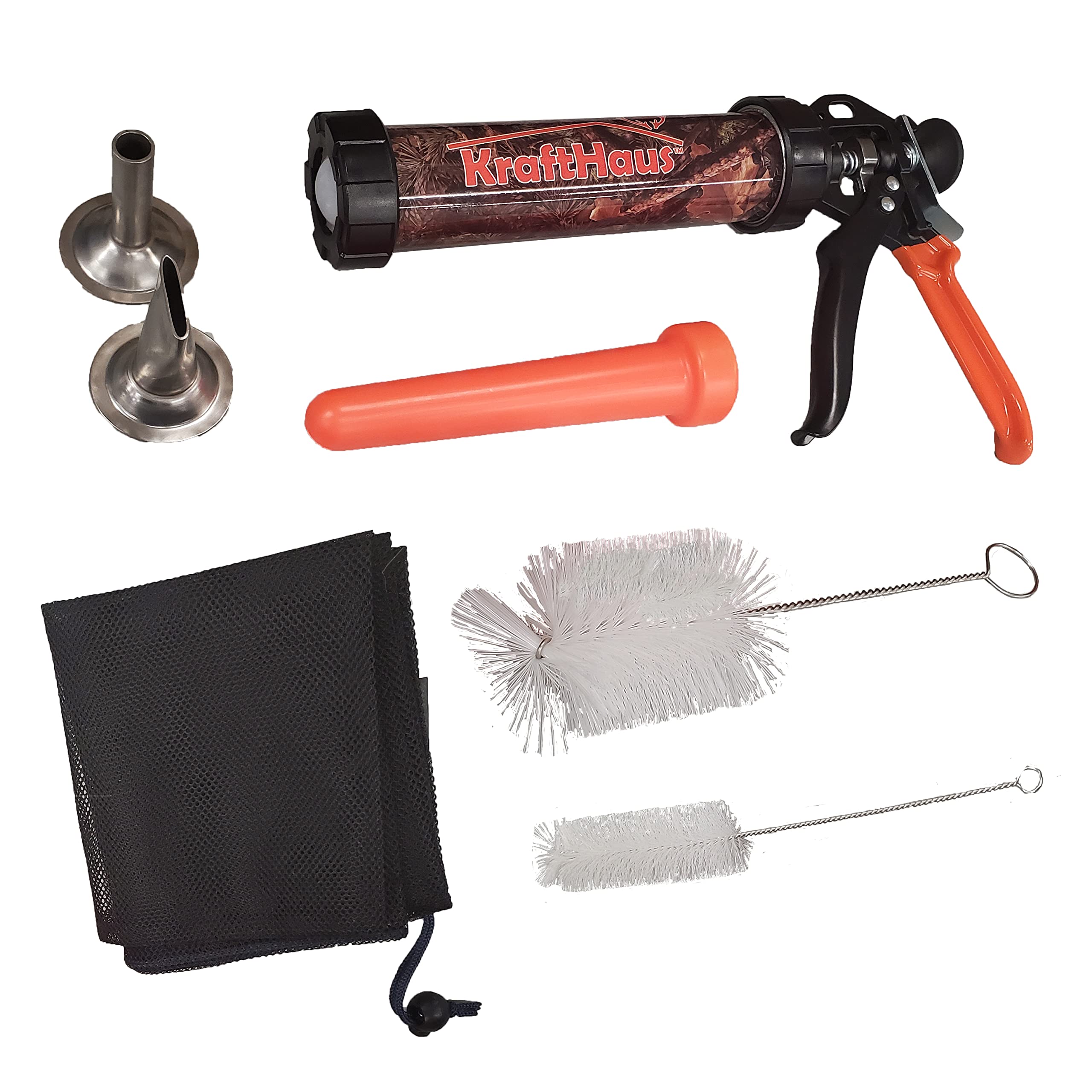KraftHaus Premium Jerky Maker Gun (Small) - Durable Drive | Camo Barrel | Comfort Grip Trigger | 2 Stainless Steel Nozzles | Cleaning Brushes, Stuffer & Carrying Bag | For Hunters, Chefs & Jerky Fans