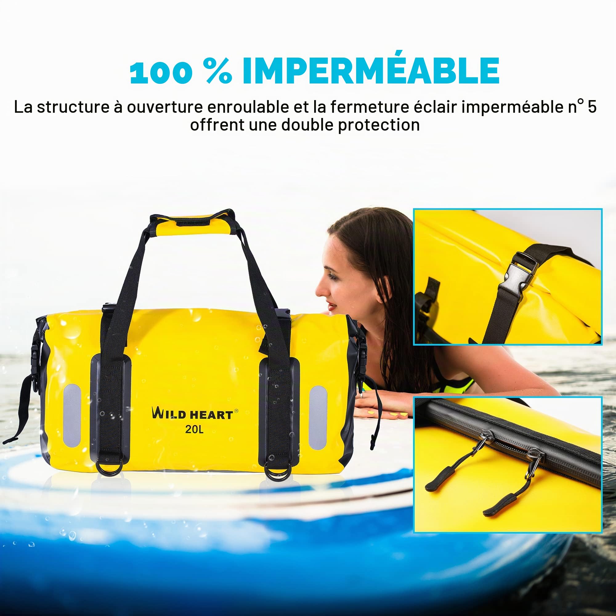 WILD HEART Sac de Voyage étanche 20L 30L 40L avec Coutures soudées Bretelles, Poche en Filet pour Kayak, Camping, Navigation de Plaisance, vélo, Moto…