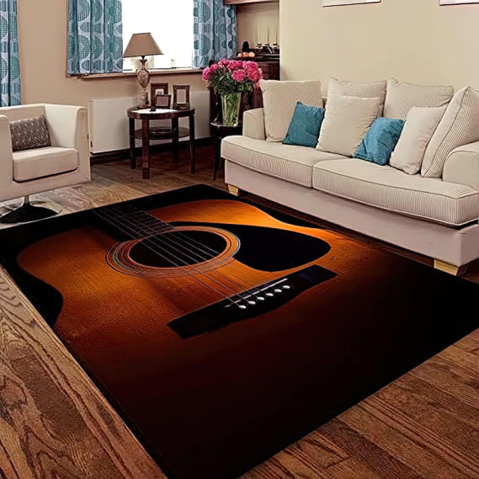 Acoustic Guitar Area Rug, Vintage Guitars Music Lovers Indoor Non Slip Large Area Rugs, Machine Washable Durable Carpet for Living Room Entryway