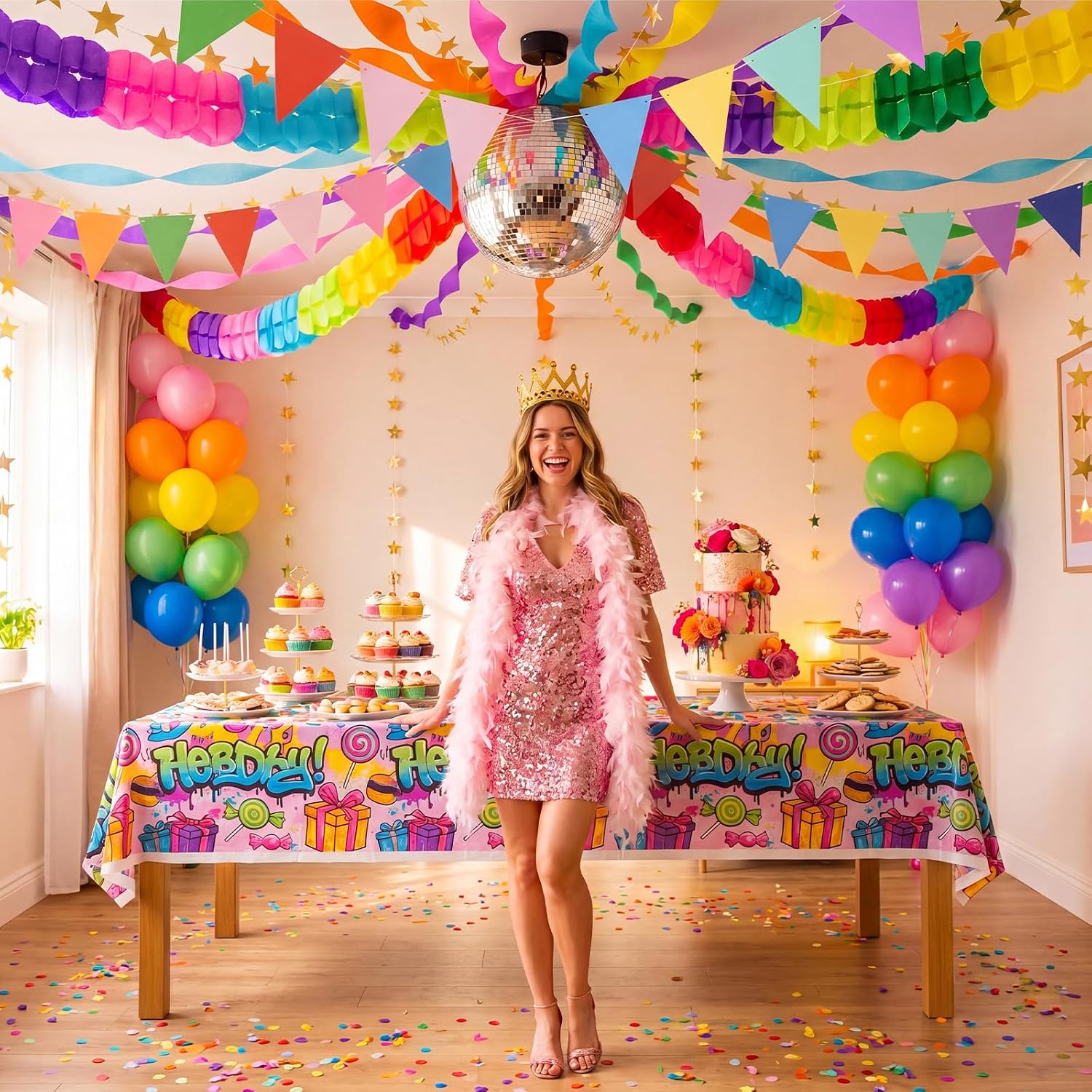 Frienda 18 Pcs Rainbow Party Decoration Set Colorful Crepe Paper Streamer Garland Pennant Banner Flag Golden Star Garland Backdrop for Wedding Birthday Fancy Party Decor(Rainbow Color)