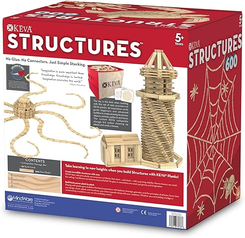 Miniatura 9 de MindWare KEVA Structures - Juego de bloques de construcción de madera de 600 tablones, incluye 600 tablones de pino KEVA, 30 tarjetas de ideas y