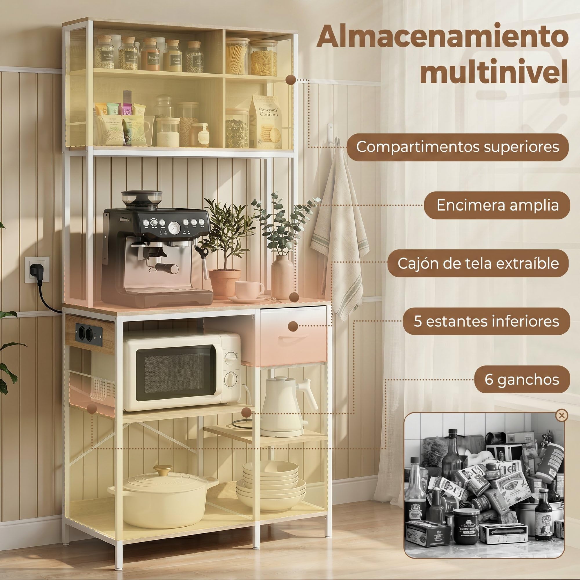 HOMCOM Estantería de Cocina con Enchufes y Puertos USB 80x40x181 cm Roble