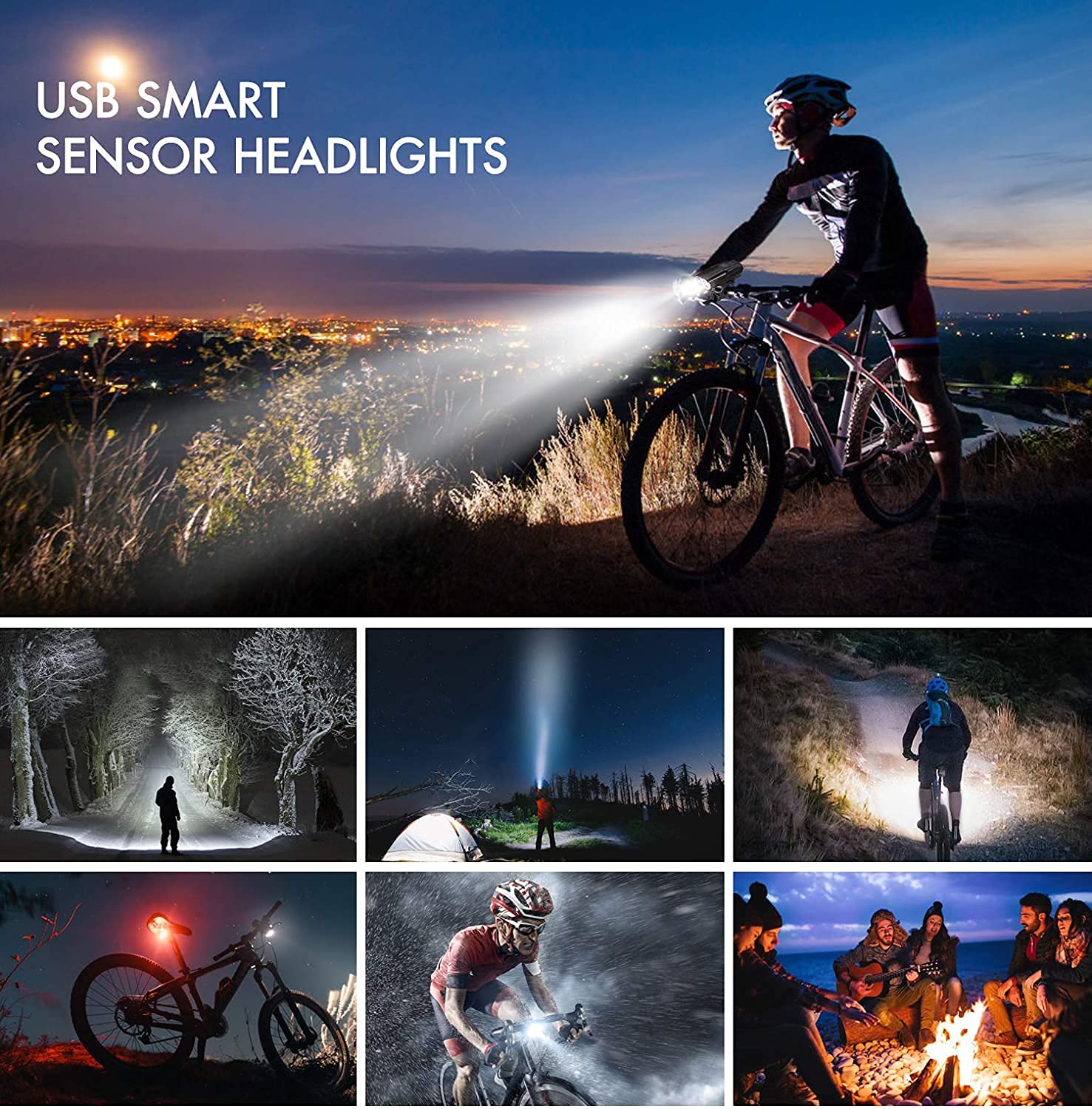 XMING Conjunto de luz de bicicleta, luces de bicicleta delanteras y traseras, Super Bright 1000 Lumen Road Bike Lights, luces de ciclo Frente y espalda, 4000 MAH, 4 modos de luz, Luz de bicicleta Smar