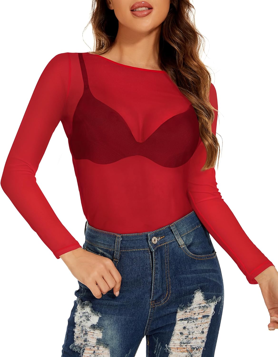 Women's Mesh Tops See Through Shirts Long Sleeve Bodycon Sheer Blouse Clubwear