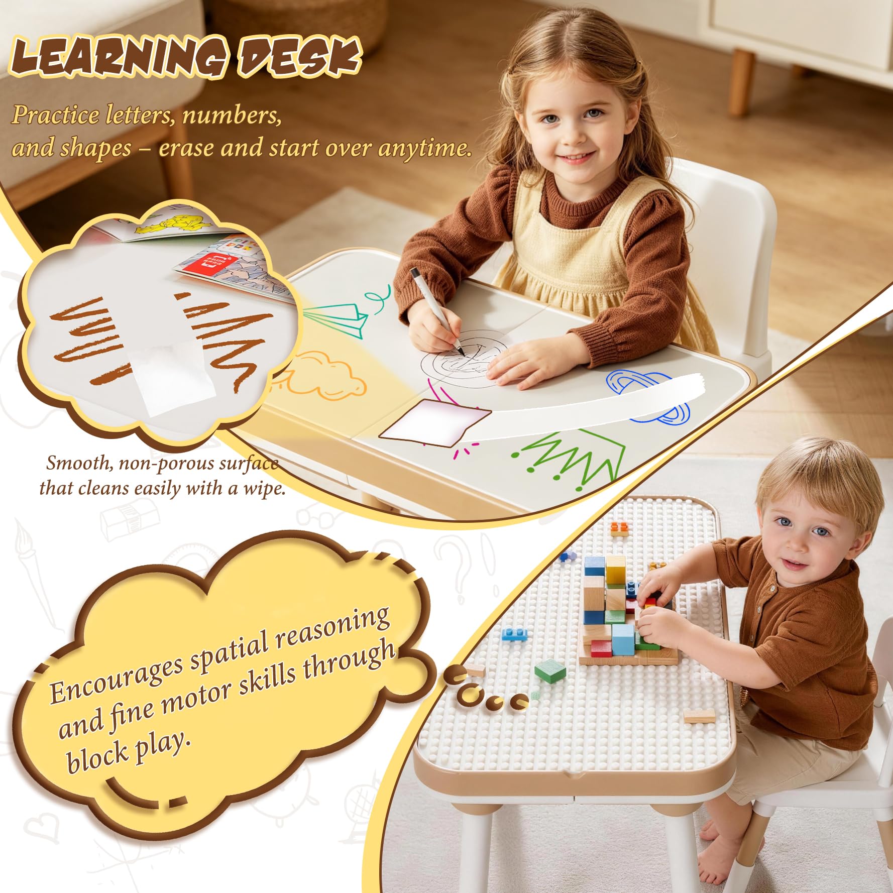 Tavolo per bambini con sedie, 6 in 1, regolabile in altezza, scrivania con mattoncini da costruzione, tavolo da disegno, tavolo da sabbia, tavolo da gioco per acqua, tavolo portaoggetti