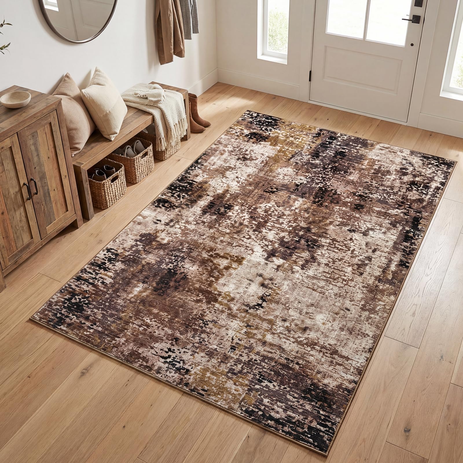 Merelax 3x5 Washable Entryway Area Rug, Brown Red Small Area Rugs for Living Room Bedroom Kitchen, Boho Abstract Office Rug, Soft Modern Non Slip Low
