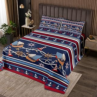 Manfei Kids Anchor Bedspread Twin Size, Nautical Anchor Rudder Starfish Coverlet Set 2pcs for Boys Room Decor, Stripe Print Quilted Coverlet with 1 Pillowcase, Soft Polyester Bedding Quilt