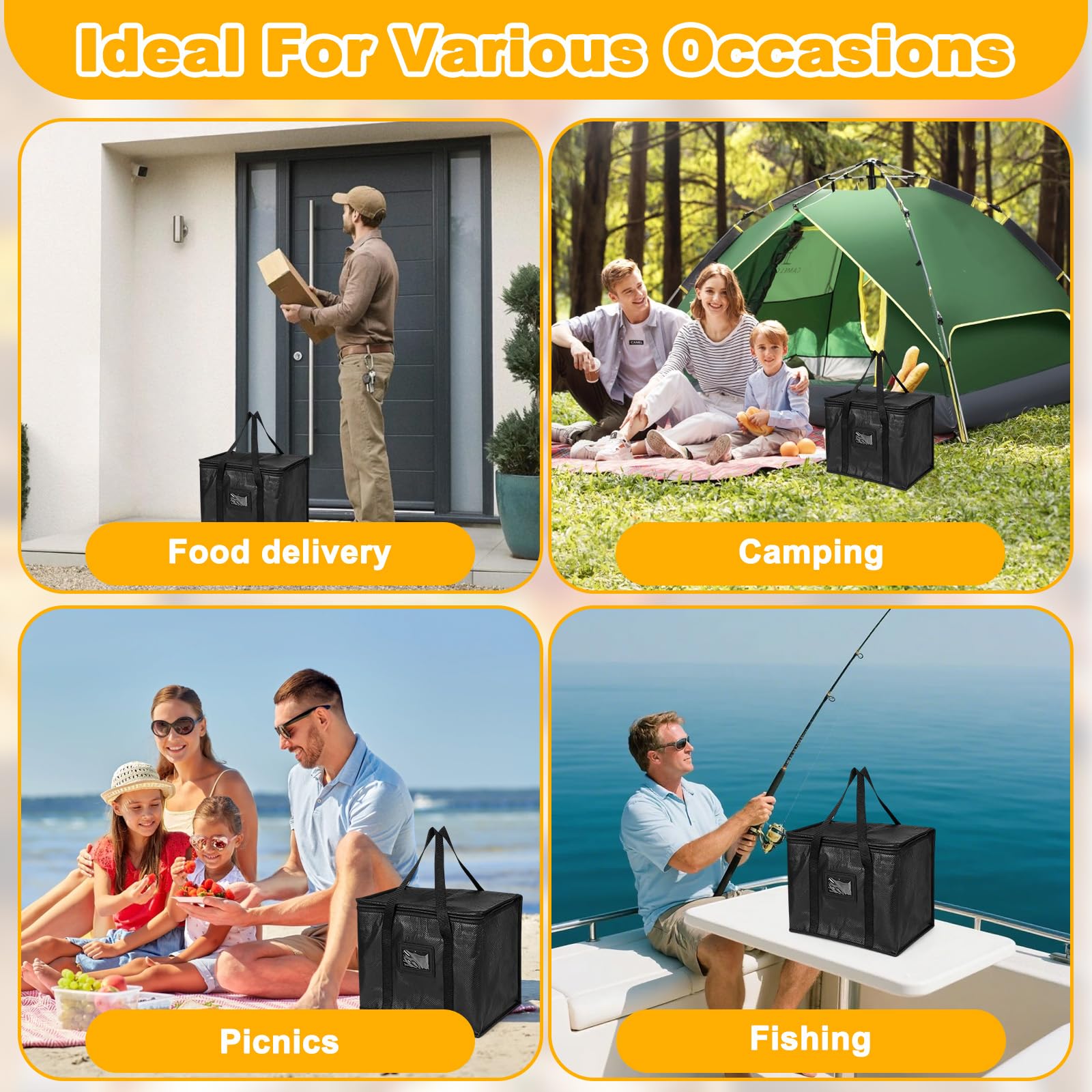Borsa Termica Alimenti Grande 70L con Cerniera, Borse Isolate per Consegna della Pizza Riutilizzabili, Borsa Frigo Cibo Caldo o Freddo Pieghevole, Sacchetti Refrigerati per Campeggio, Barbecue, Picnic