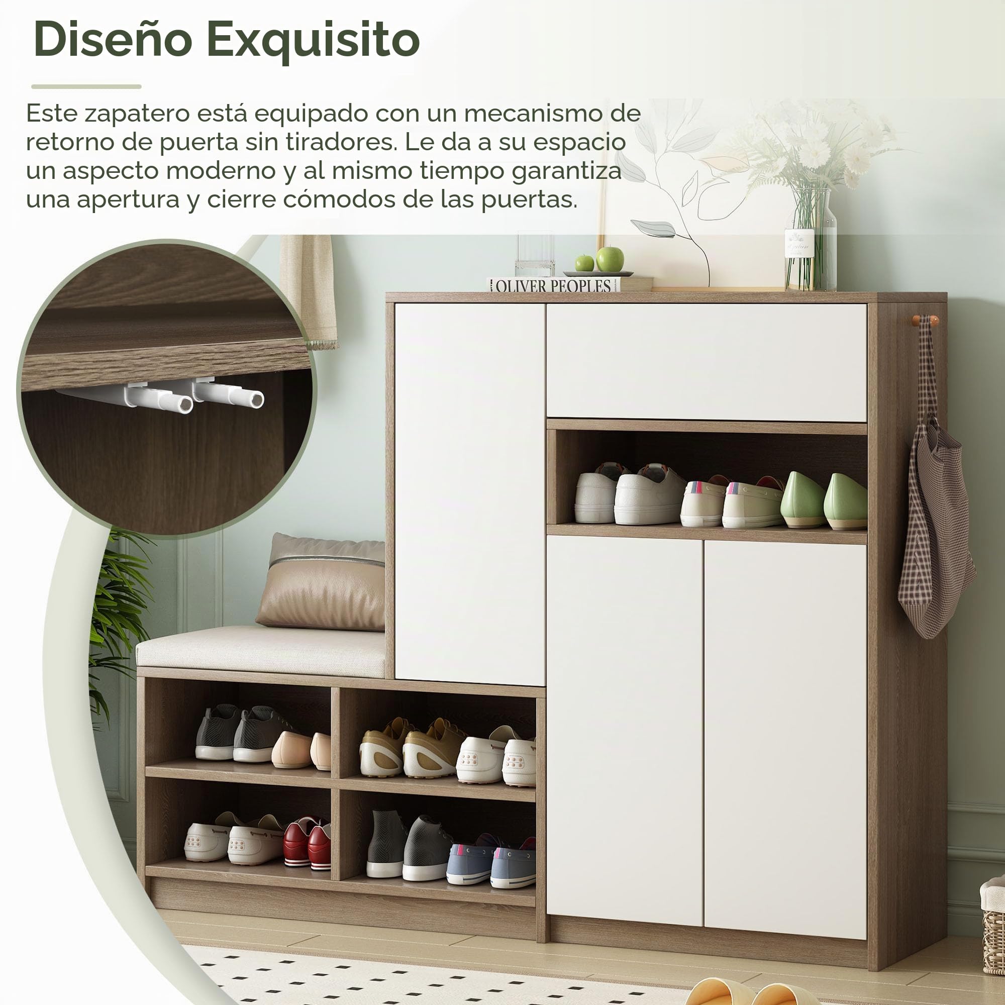 Zapatero de almacenamiento de zapatos multifuncional con asiento acolchado, solución versátil para almacenamiento de zapatos con estantes ajustables para el pasillo, color blanco