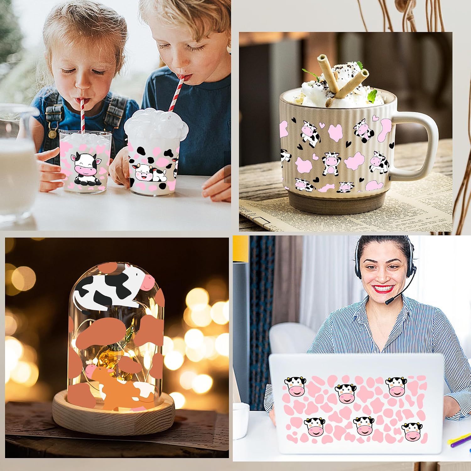 Cute Cow Theme UV DTF Cup Wraps, Transfer Stickers for Glass Tumblers