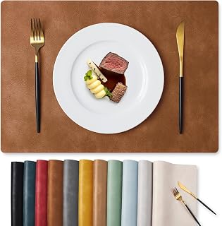 MOSAYT Faux Leather Placemats Set of 6, 12x17 Inch - Waterproof Oil-Proof Heat Resistant Reversible Table Mats Reddish Brown
