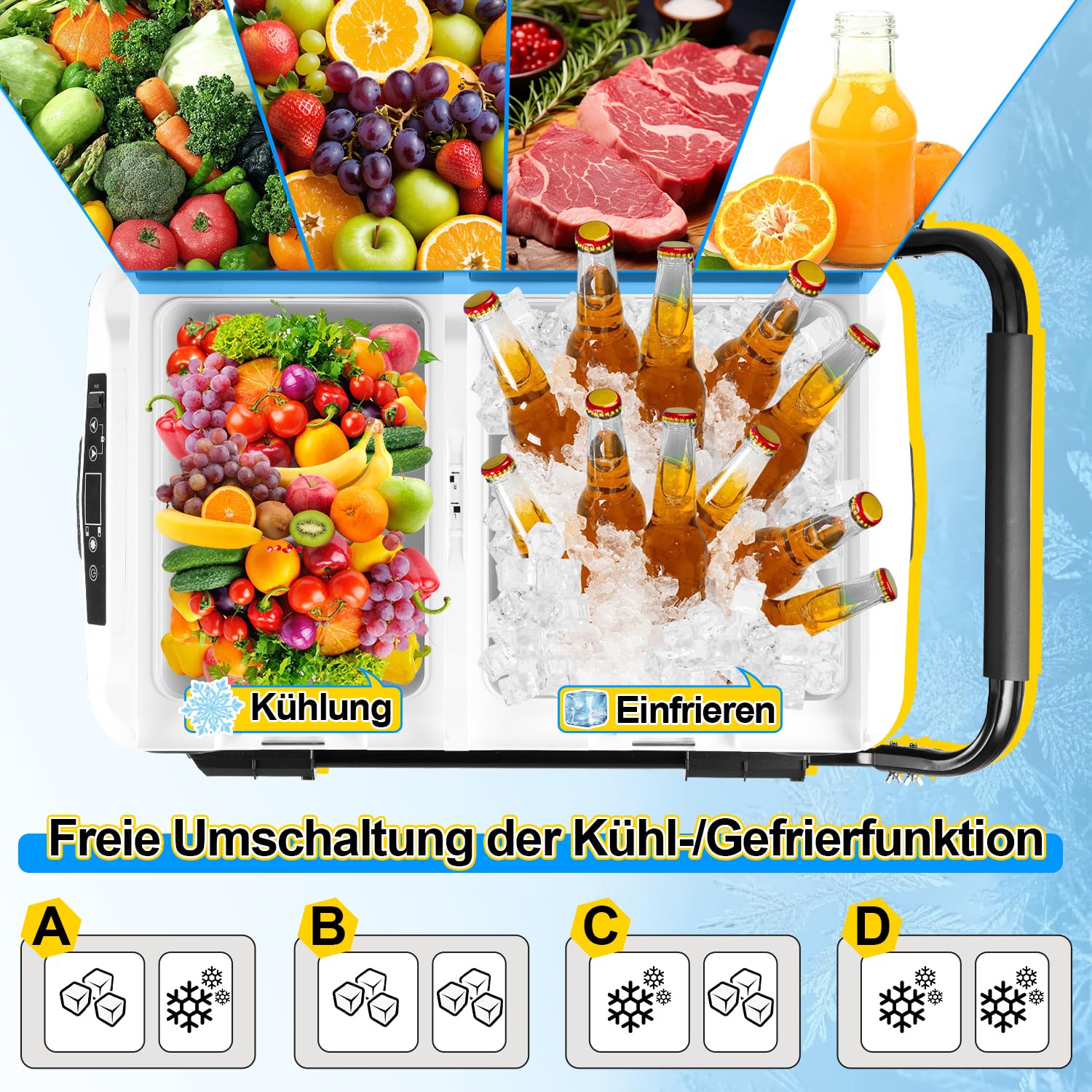 Kompressor Kühlbox 50L, Elektrisch Gefrierbox Zwei Zonen und Doppeltüren, Kühlbox 12 V/24 V bis -20 °C mit Bluetooth-Steuerung, Anti-Shake, Tragbar, für Camping, Reisemobil
