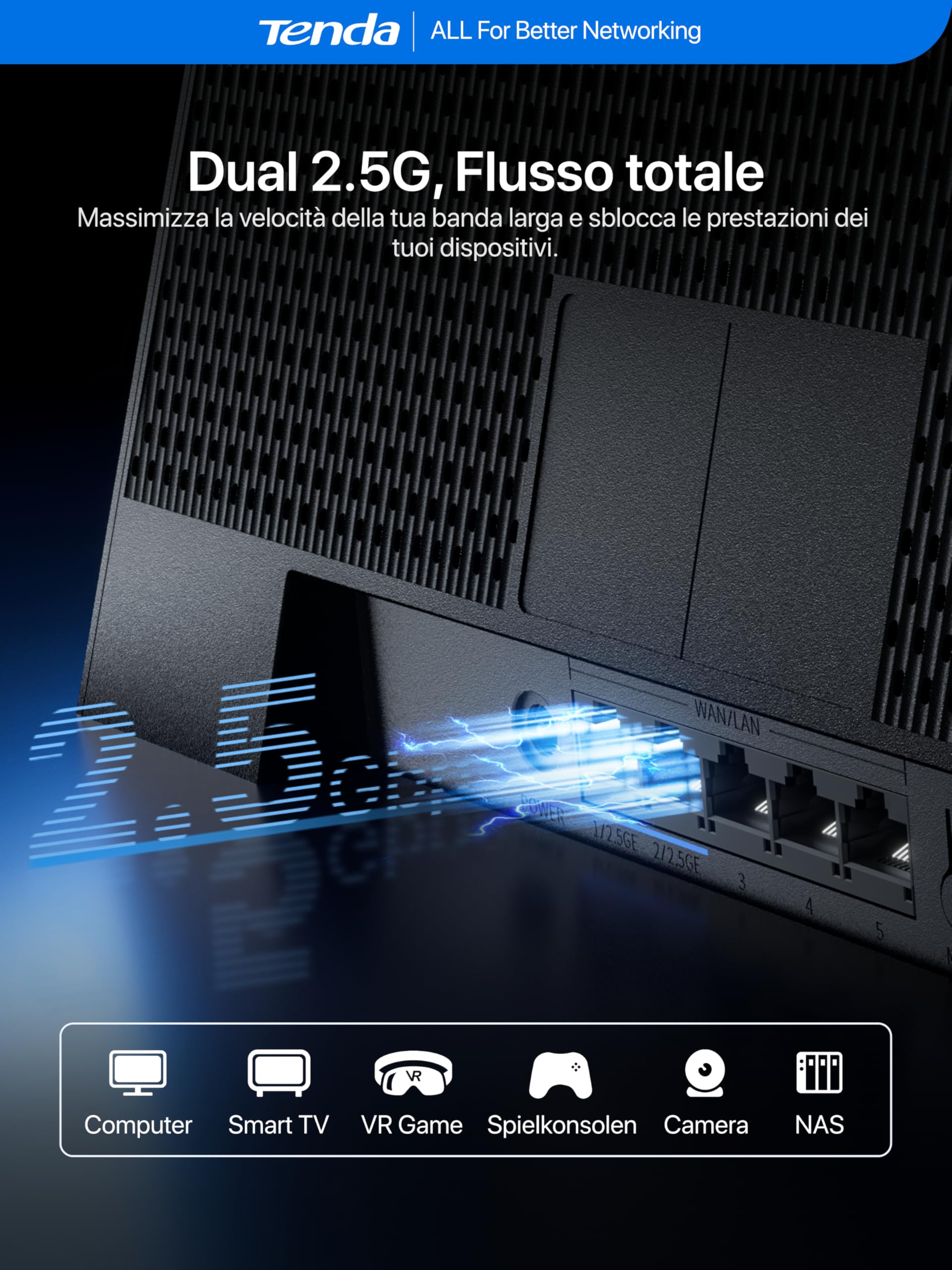 Tenda Wi-Fi 7 Router BE12 Pro - Router Dual Band BE7200 (5 GHz: 5765 Mbps, 2.4 GHz: 1376 Mbps), 2 x porte 2.5G, 3x porte Gigabit, CPU Quad Core, 4K-QAM, MLO, VPN, Supporto OpenWRT