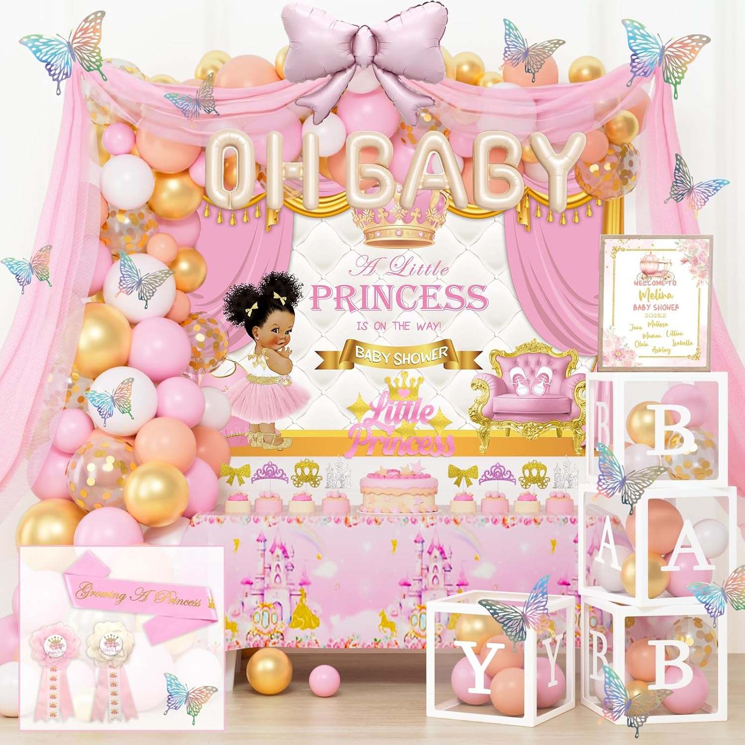 Royal Princess Baby Shower Decorations, 138 PCs - Baby Princess Party Supplies with A Little Princess Is on the Way Backdrop, Balloons Garland, Castle Tablecloth, Sash
