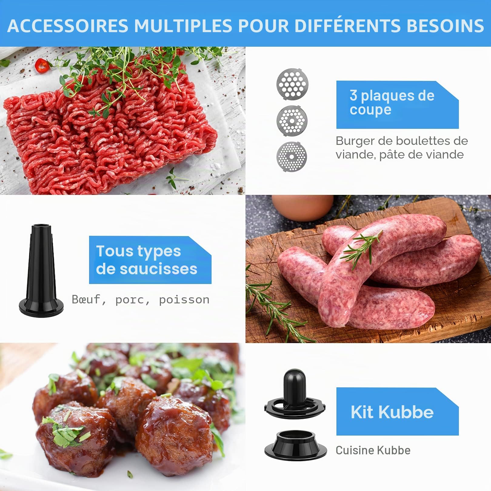 COOCHEER Hachoir à viande électrique, Multifonction Hachoir à viande Hachoir 5 EN 1 avec 3 disques perforés, 4 lames, accessoires pour saucisses et kibbe pour cuisine domestique & viande
