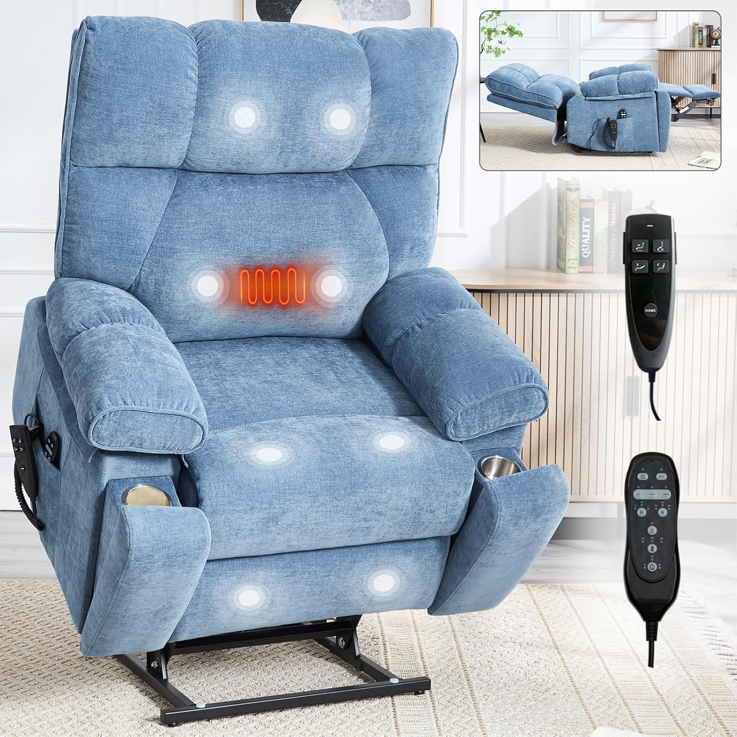 KEIKI Chenille Electric Power Lift Recliner Chair with Heat Massage, Hidden Cup Holders & Timer Function, Elderly Lazy Boy Sofa Seating for Home Theater, Infinite Position, Dual Motor, Up to 350 LBS