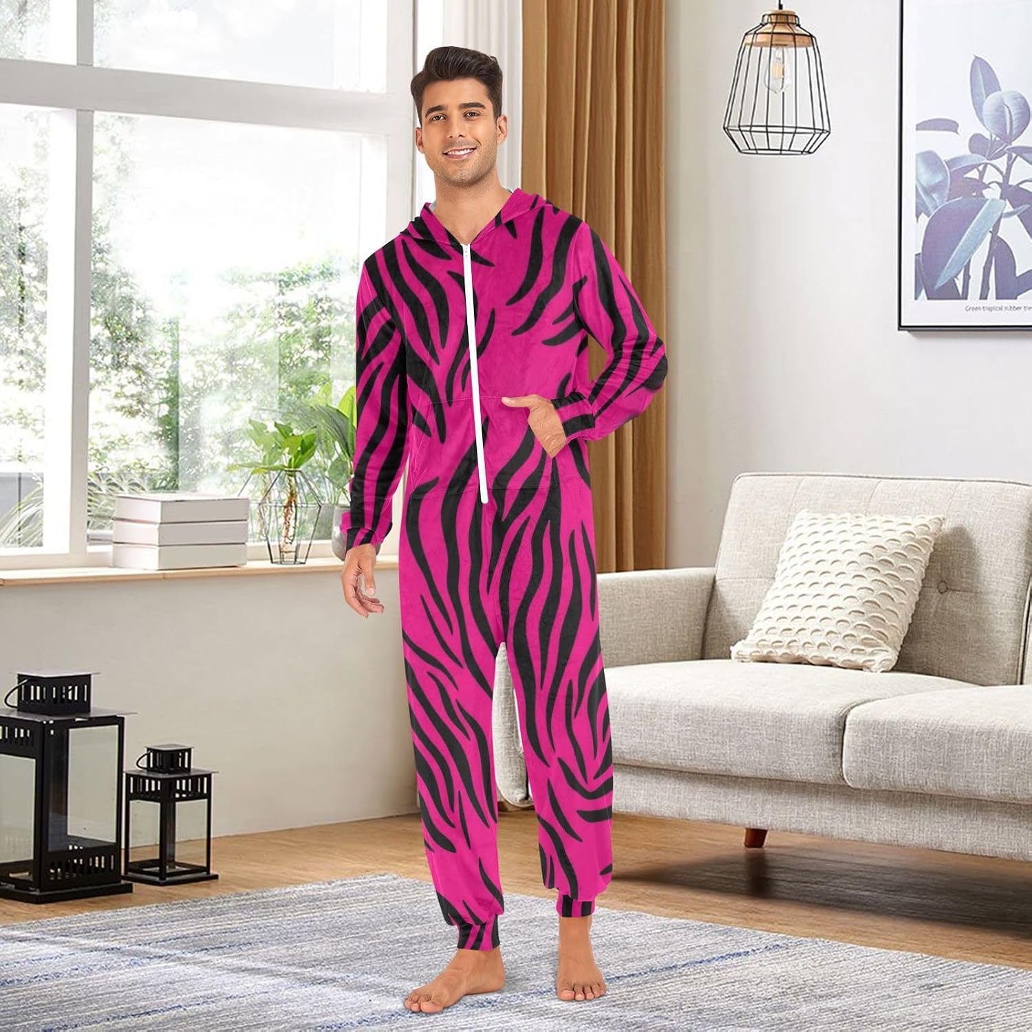 GAIREG Black Zebra Stripes Hot Pink Hooded One-Piece Pajamas, Soft Onesie Pajamas for Men's Women's