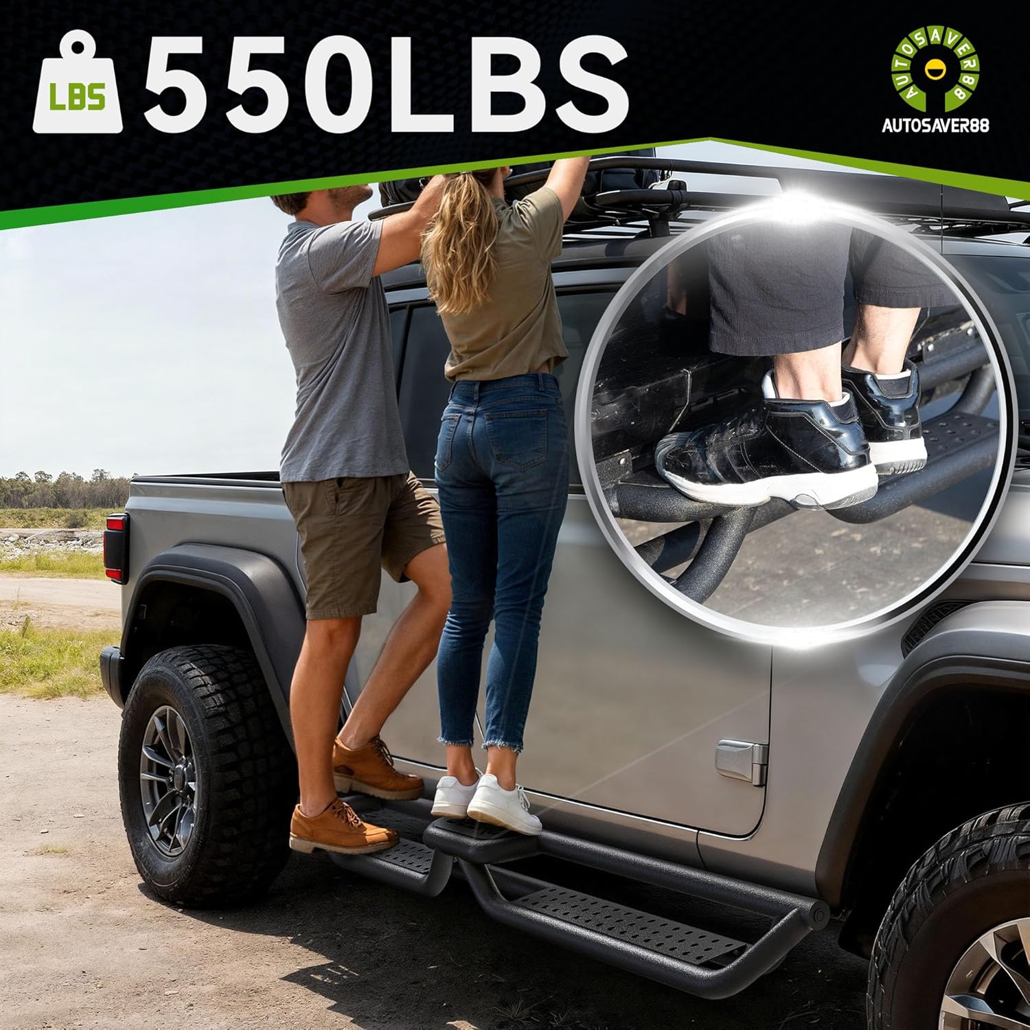 AUTOSAVER88 Running Boards w/Two Raised Steps Compatible with 2020-2026 Jeep Gladiator JT 4 Door, Two Stairs Side Steps Rail Drop Nerf Bars