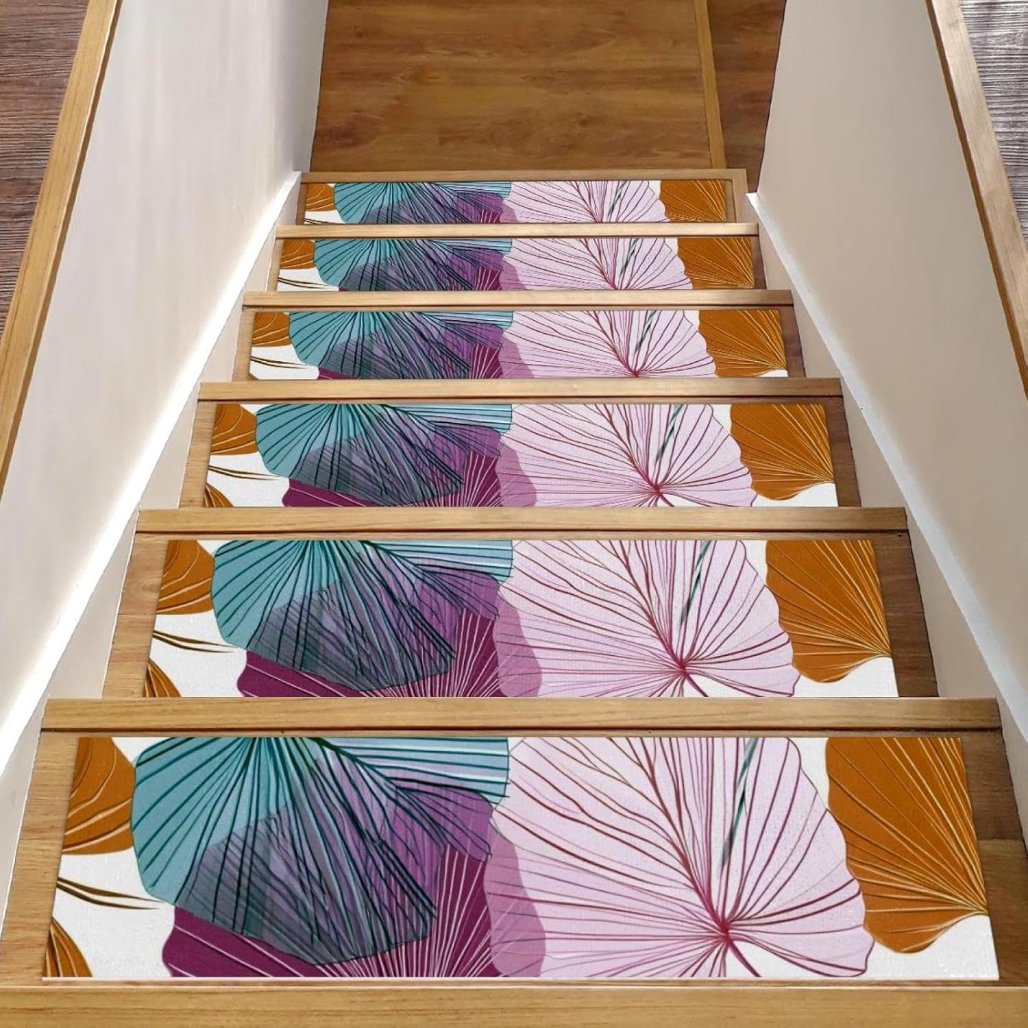 Abstract Floral Palm Leaves (3) Carpet Stair Treads for Wooden Steps Indoor, 15 Pack Slip Resistant Stair Rug Staircase Step Treads Pads for Pet, Kids and Elderly