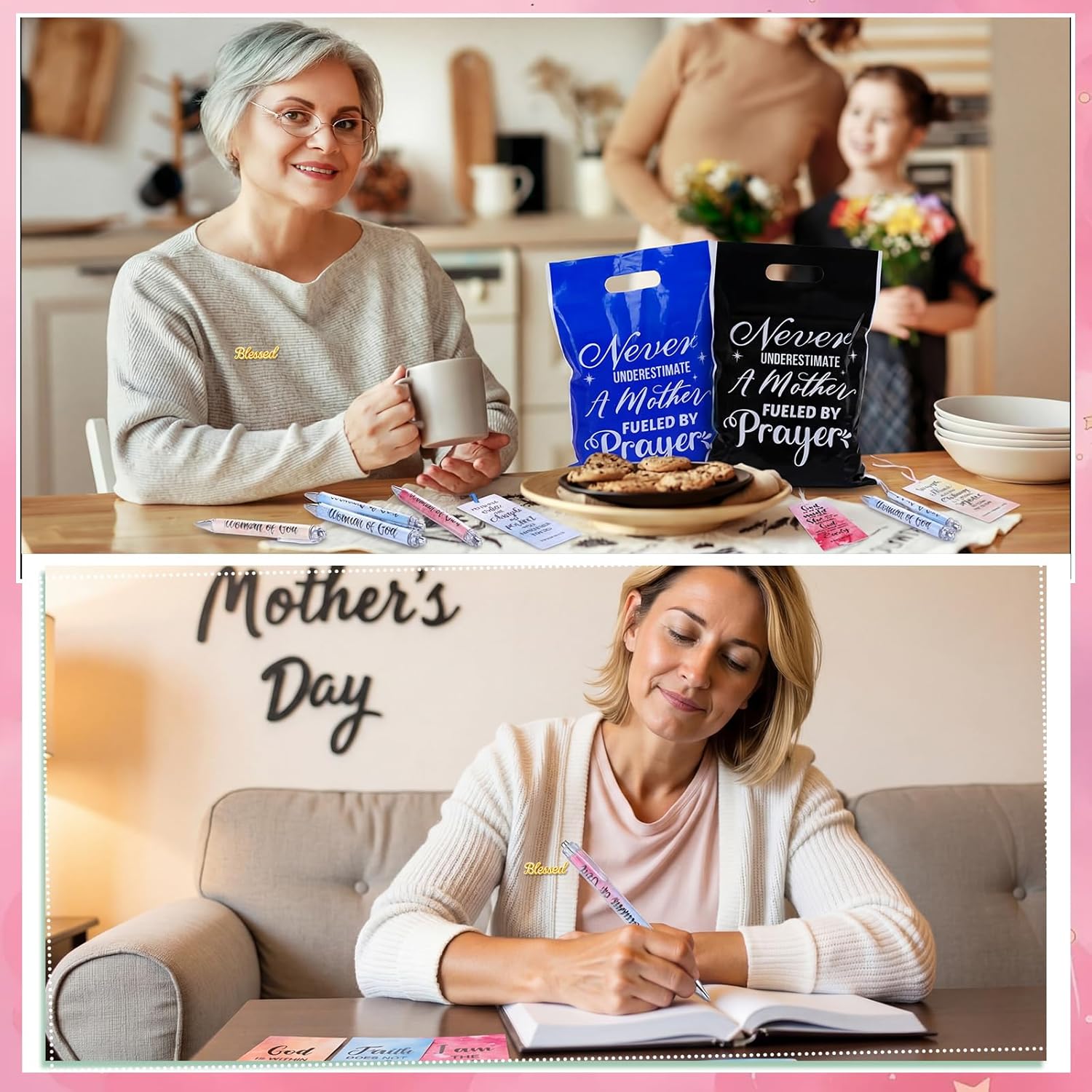 Epakh 120 Pcs/12 Sets Religious Mother's Day Items Gifts for Women Bulk Christian Gift Bag Bookmark Pen Flashlight Keychain Pin Wristbands with Bible Verse Card for Mother's Day Christian Church Favor