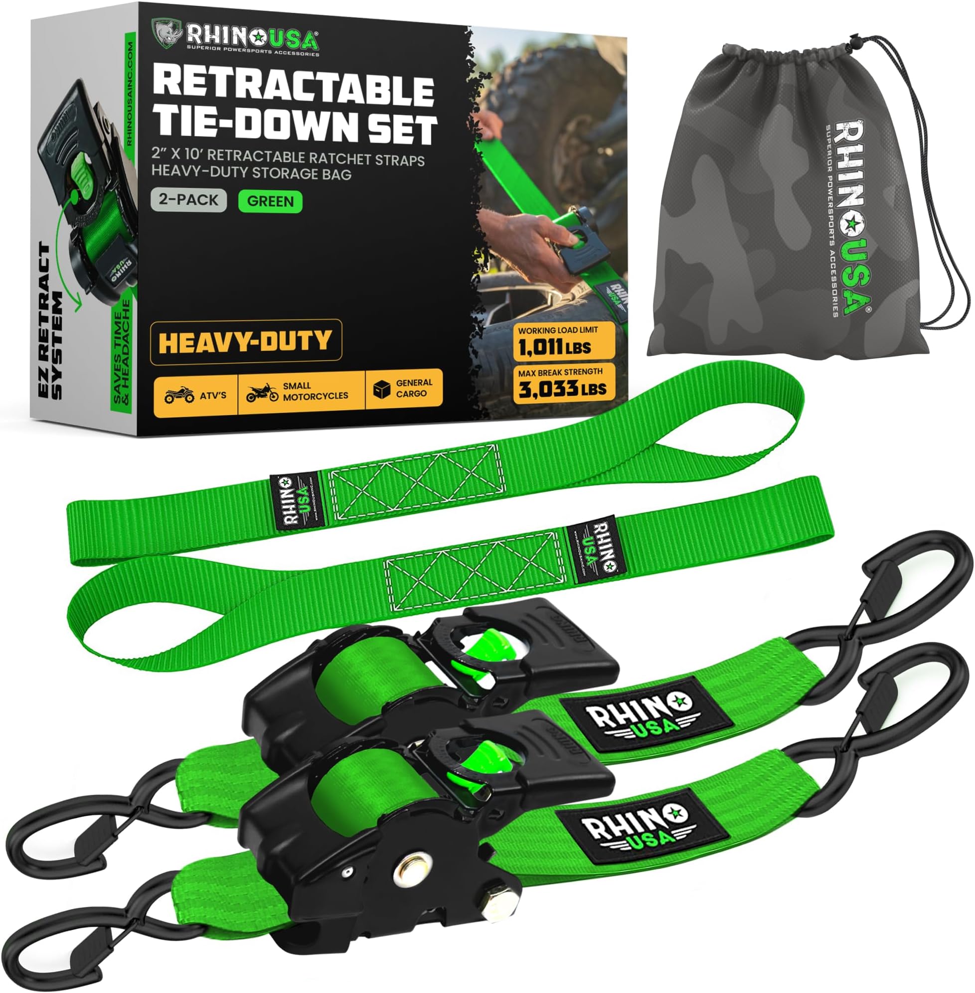 Rhino USA Retractable Ratchet Tie Down Straps (2-Pack) - 1360kg Guarantee Maximum Breaking Strength Includes (2) Ultimate 5cm x 3m Automatic Retractable Straps with Padded Handles - Green