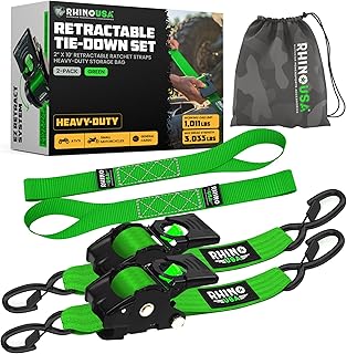 Retractable Ratchet Straps (2-Pack) - 2 Inch x 10 Feet (3,033lb Break Strength) - Heavy Duty Auto Self Retracting Tie Down Straps for Truck, Cargo Trailer, Motorcycle, Rad & More - Green