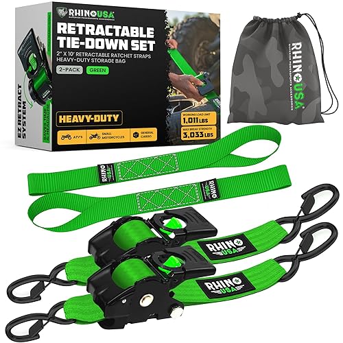 Rhino USA Retractable Ratchet Straps (2-Pack) - 2 Inch x 10 Feet (3,033lb Break Strength) - Heavy Duty Auto Self Retracting Tie Down Straps for Truck, Cargo Trailer, Motorcycle, Rad & More - Green