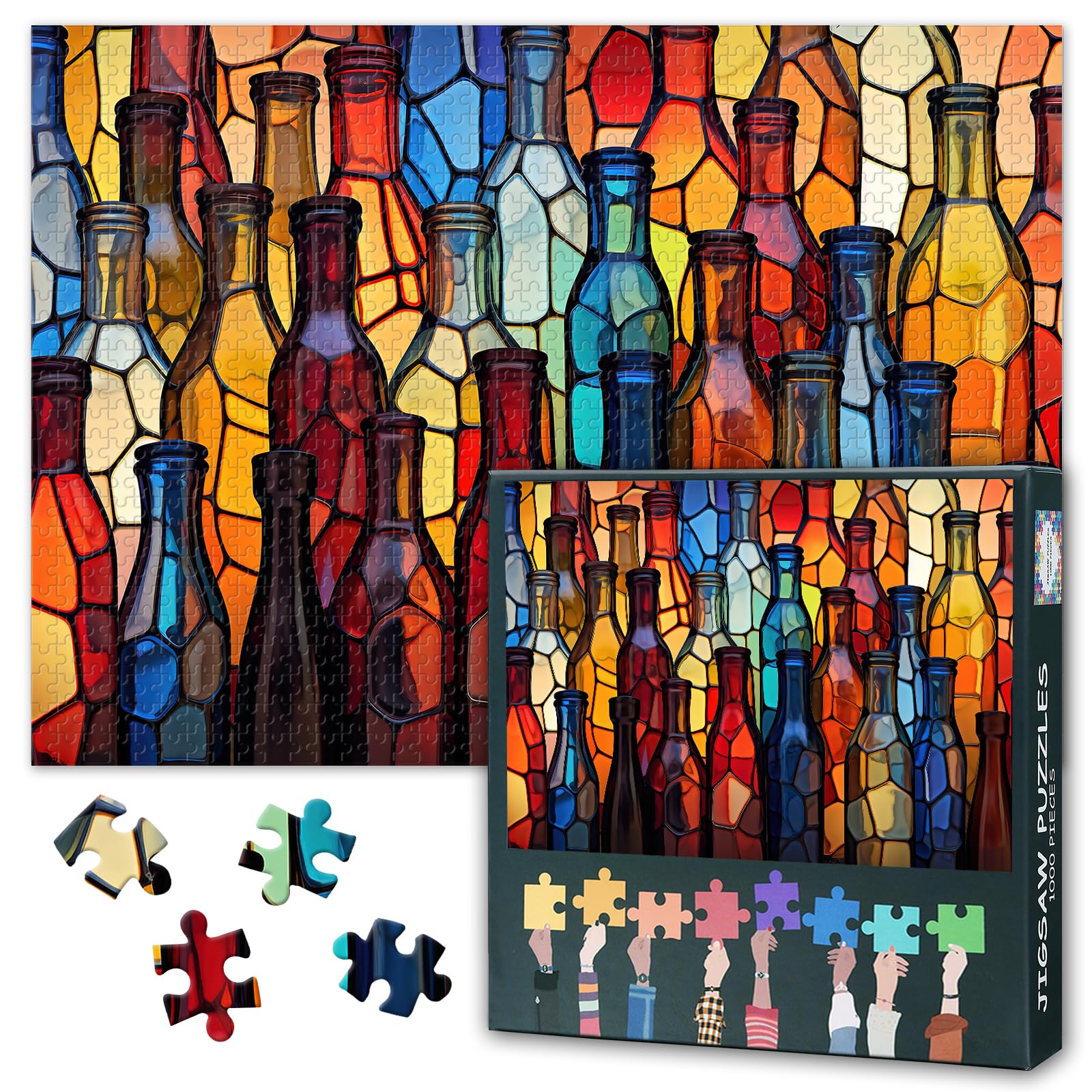Challenging 1000 Piece Jigsaw Puzzles for Adults Colorful Design Glass Bottles- 27.5x19.7 Inch Difficult Puzzle Vibrant Rainbow Art