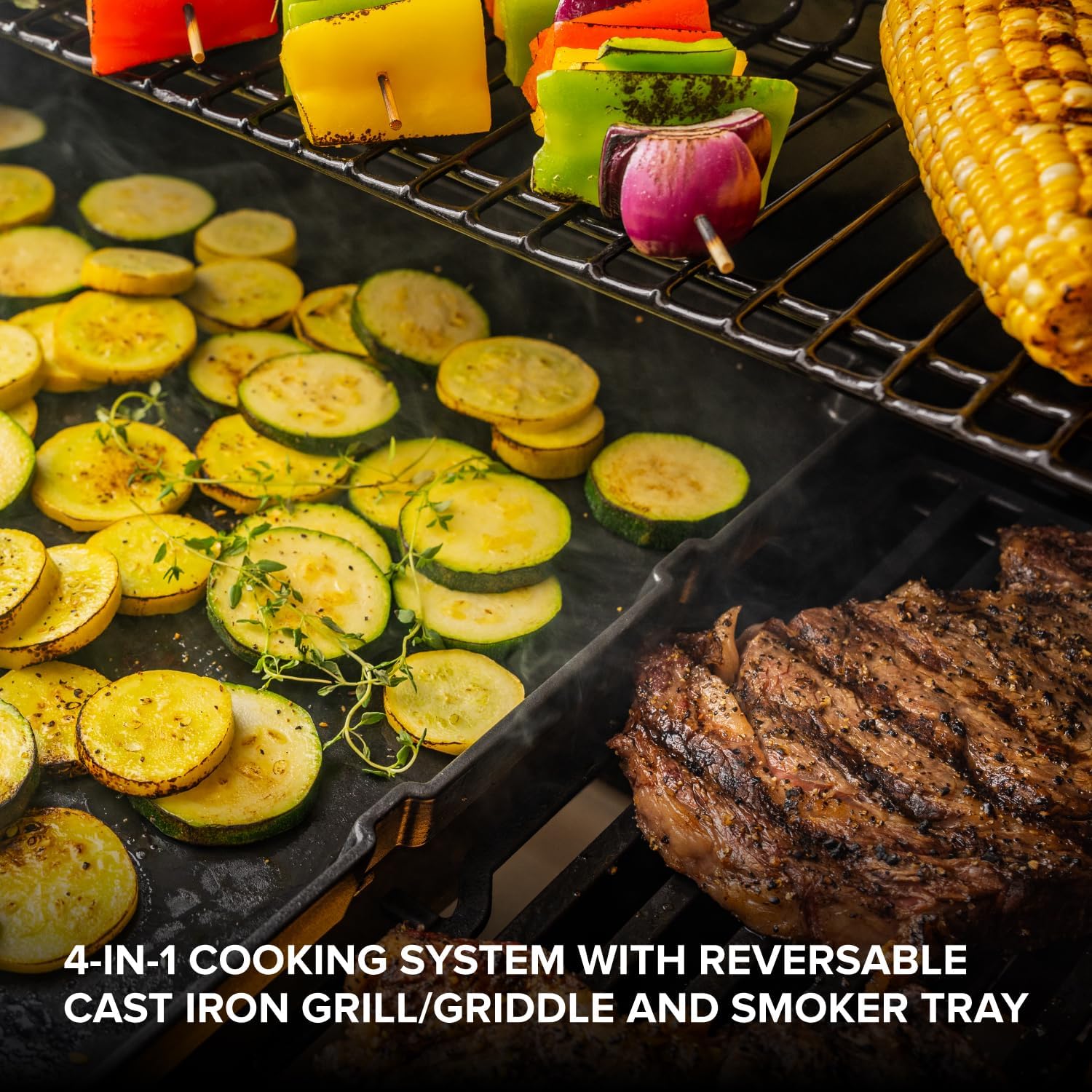 Food cooking on the Nexgrill 4-in-1 cooking system with griddle and grill grates