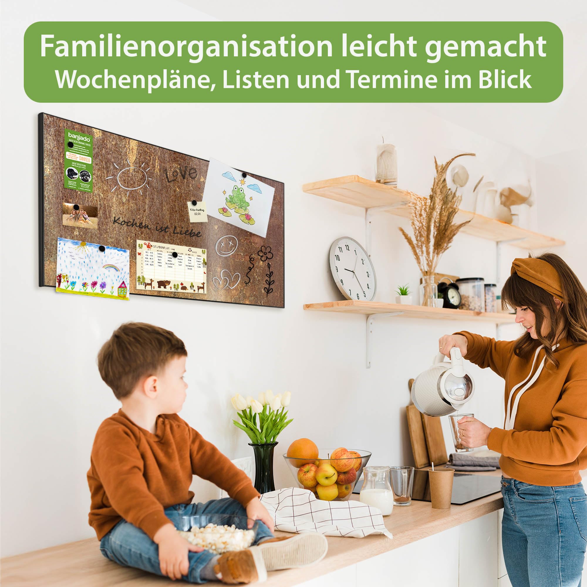banjado Magnettafel Metall 78 x 37cm - beschreibbare Magnettafel - Metall Pinnwand als Memoboard - Magnetwand Küche, Büro, Kinderzimmer Schwarz inkl. 4 Magnete & Montageset - Motiv Rostige Patina
