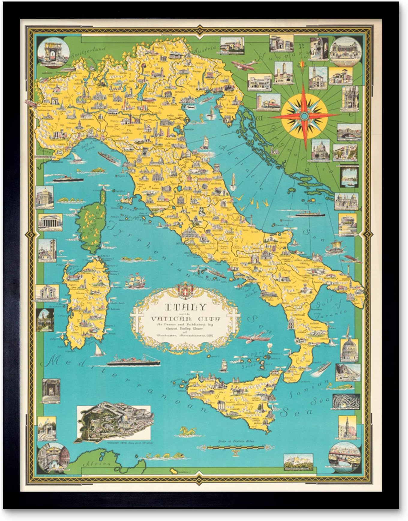 Chase 1944 Pictorial Map Italy Vatican City Art Print Framed Poster Wall Decor 12x16 inch