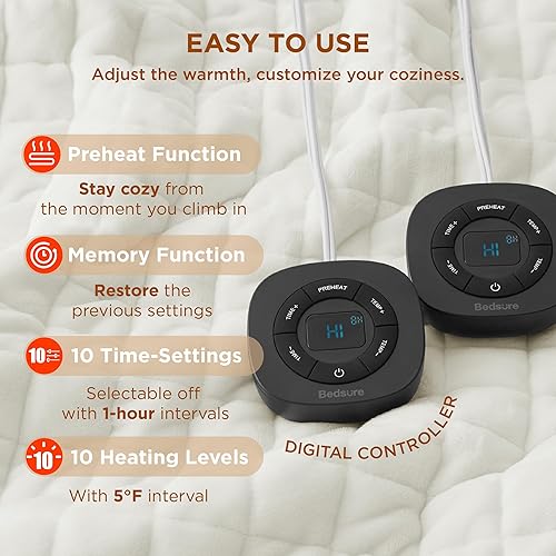 Vista 508 de Bedsure - Manta eléctrica tamaño matrimonial; térmica, de franela suave, calentamiento rápido, 10 ajustes de tiempo y 6 ajustes de calor; regalo 01