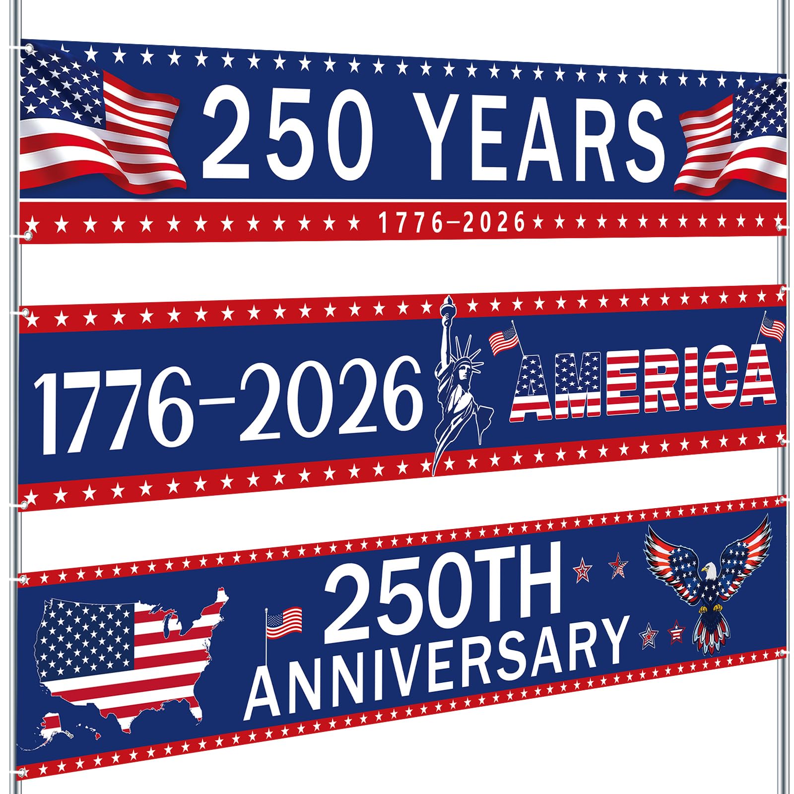 Remagr 3 Pcs 4th of July Decorations 250th Anniversary Banner 8.17x 1.5ft Freedom American Flag 1776-2026 Patriotic Banners for Outside Red White and Blue Decorations for Outdoor Yard Garden Lawn
