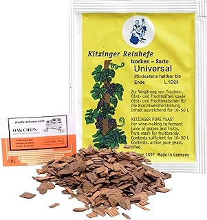 WEINHEFE UNIVERSAL Arauner Kitzinger und Eichenholzchips - Trocken Reinhefe für 50L | Naturhefe | Obstwein hefe | Hefenährsalz | Alkoholhefe | Methefe | Apfelweinhefe
