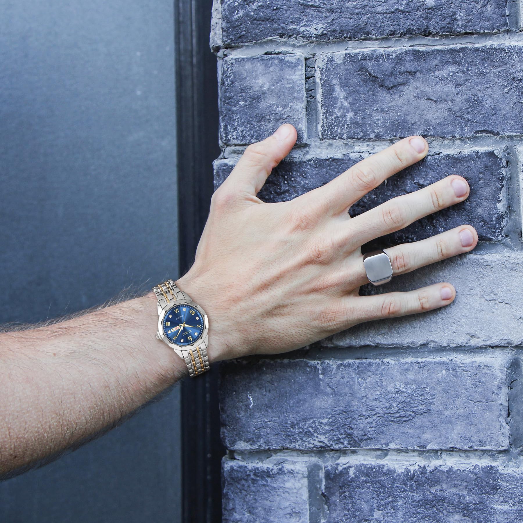 BUREI Herrenuhr Simulation Quarz Band Diamant Edelstahl Uhr Kalender Datum wasserdichte Luxus Business Freizeit Mode Uhr