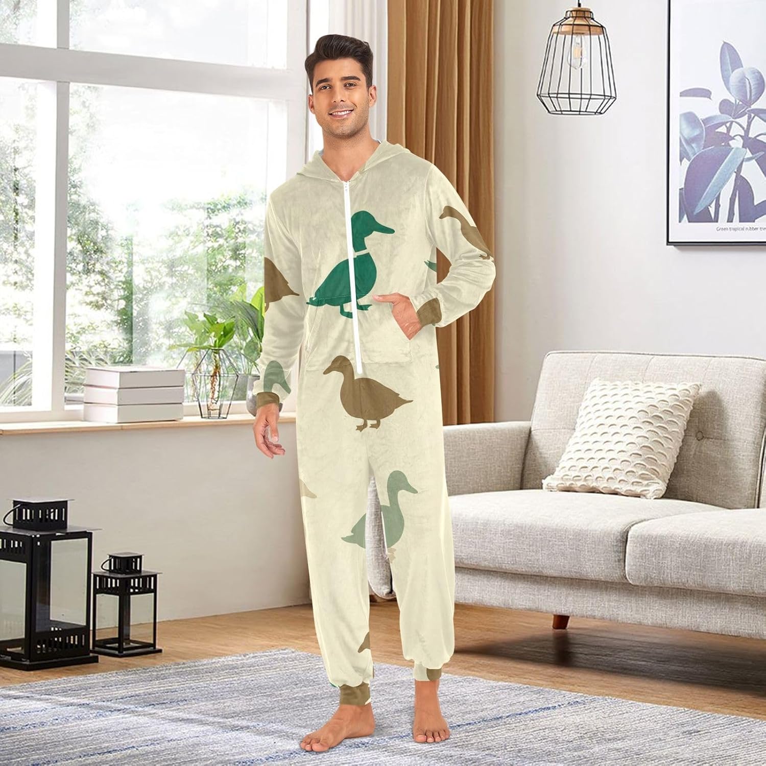 Cute Ducks Beige Adult Onesie Pajamas, Soft Hooded One Piece Sleepwear for Men Women Christmas Loungewear