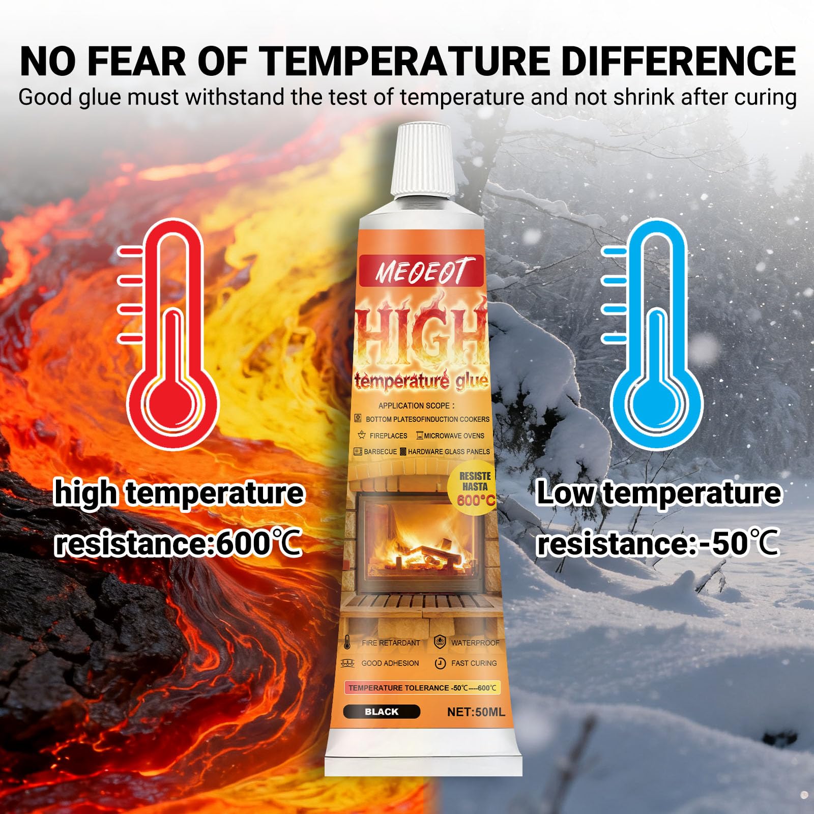 Colla Alte Temperature, 100ML Silicone Alta Temperature, Sigillante Alte Temperature, Nero Adesivo Resistente al Calore Fino a 600°C, Adatto per Sigillatura ad Alta Caminetti, Stufe, Forni