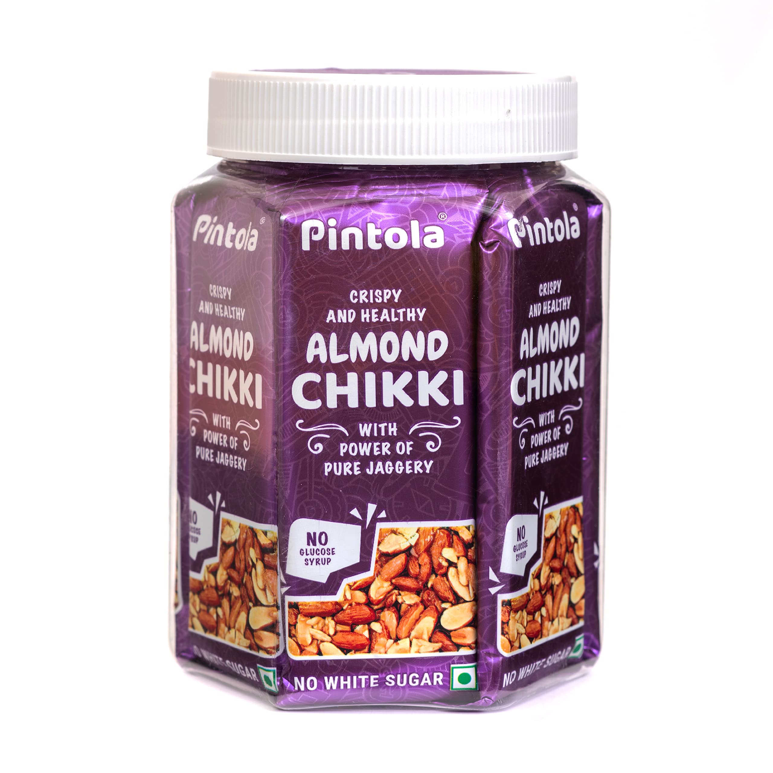 Pintola Almond Chikki Jar | Pack of 13 pcs (12+1 Chikki Extra) | Almond Bar,Made with Jaggery | No Glucose Syrup | No Preservatives | Gluten Free | Indian Sweets | Gajak | (25g Each x 13N = 325g)