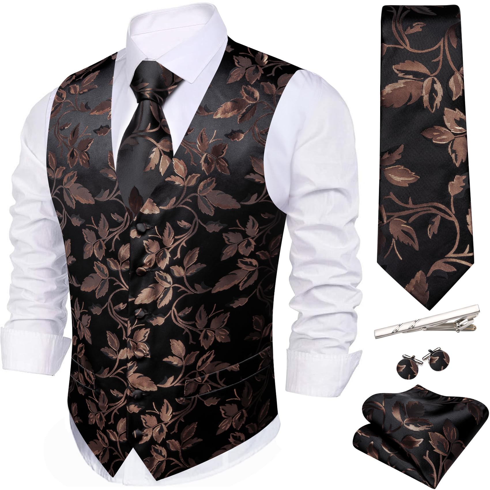 Barry.Wang Mens Suit Vest Floral Silk Waistcoat Ties Formal/Leisure 5PCS