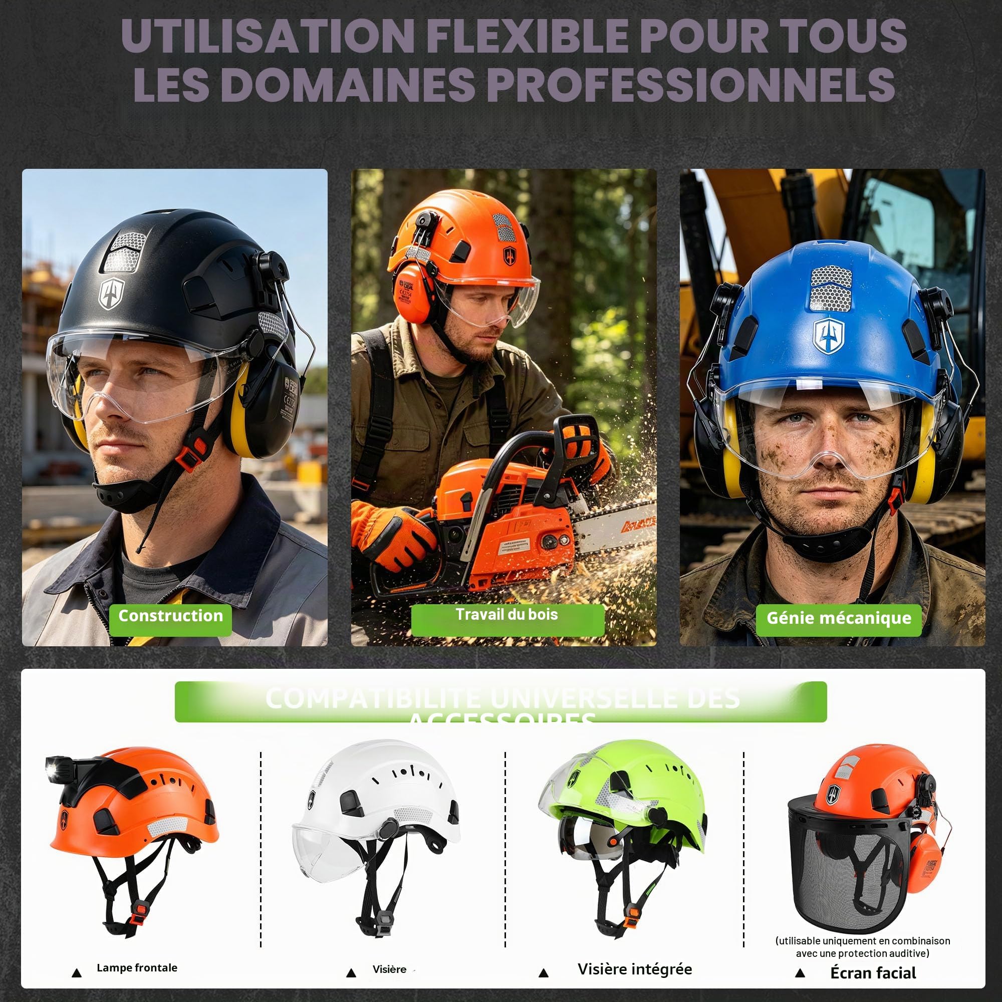 GREEN DEVIL Casque de Protection de Travail avec visière Transparente et Protection auditive - Casque de sécurité ABS réglable - Casque de sécurité ventilé avec Casque Industriel en 397 (Noir)