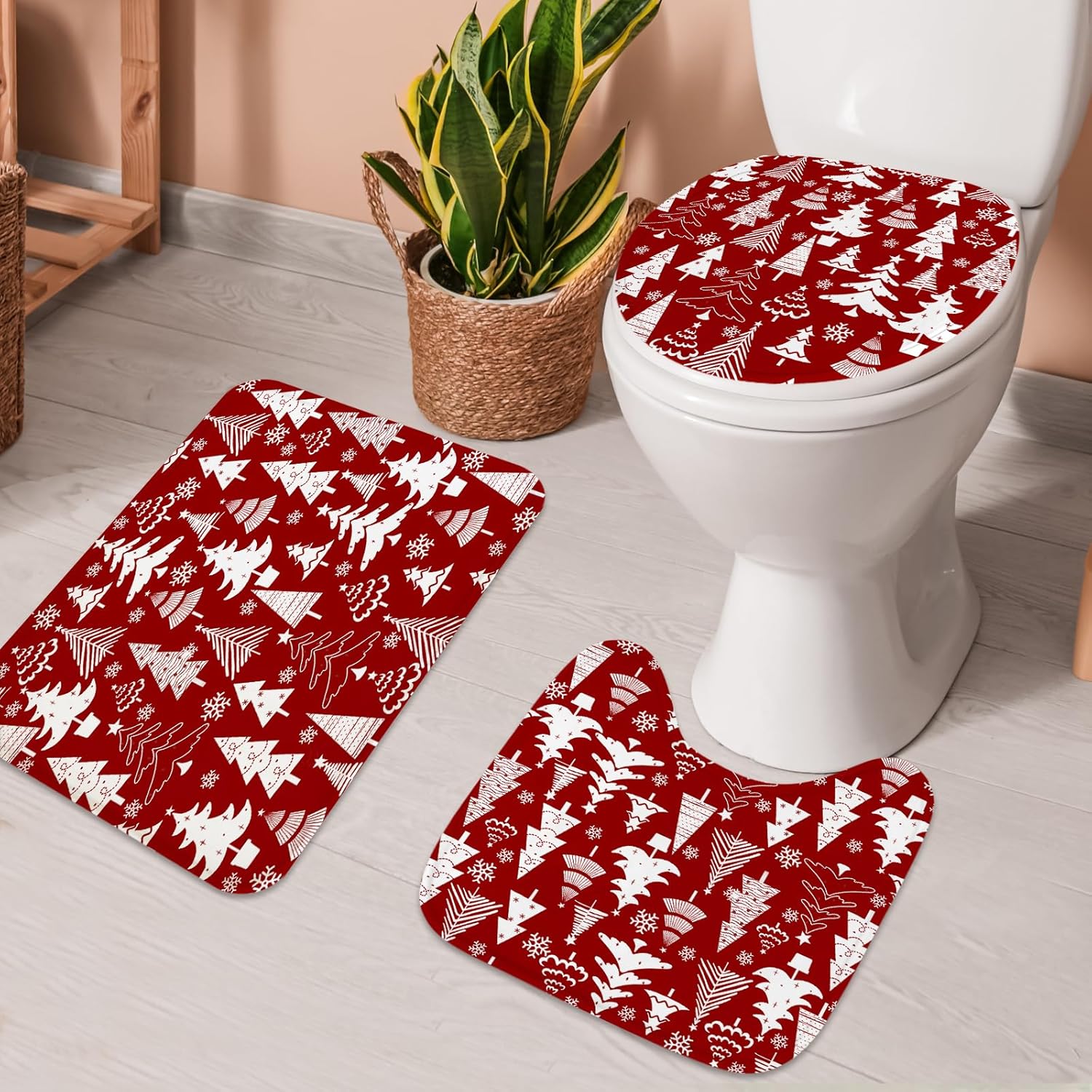 4pcs Christmas Shower Curtain Sets with Non-Slip Rugs Toilet Lid Cover and Bath Mat Christmas Tree Shower Curtain Sets with 12 Hooks Winter Red Xmas Snowflake Pattern Holiday Christmas Bathroom Decor