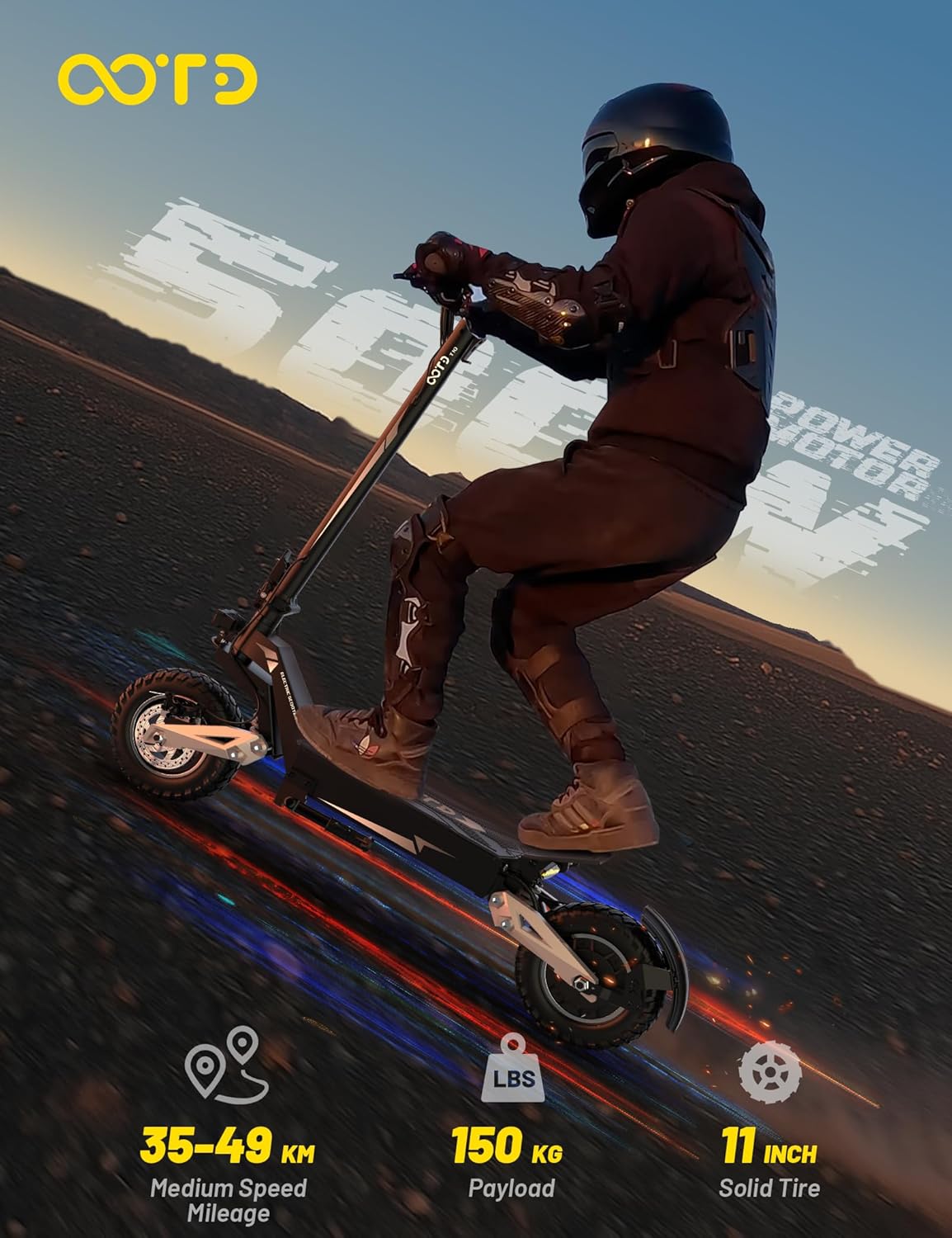 Rider on OOTD T10 electric scooter, highlighting 35-49km range, 150kg payload, and 11-inch solid tires.