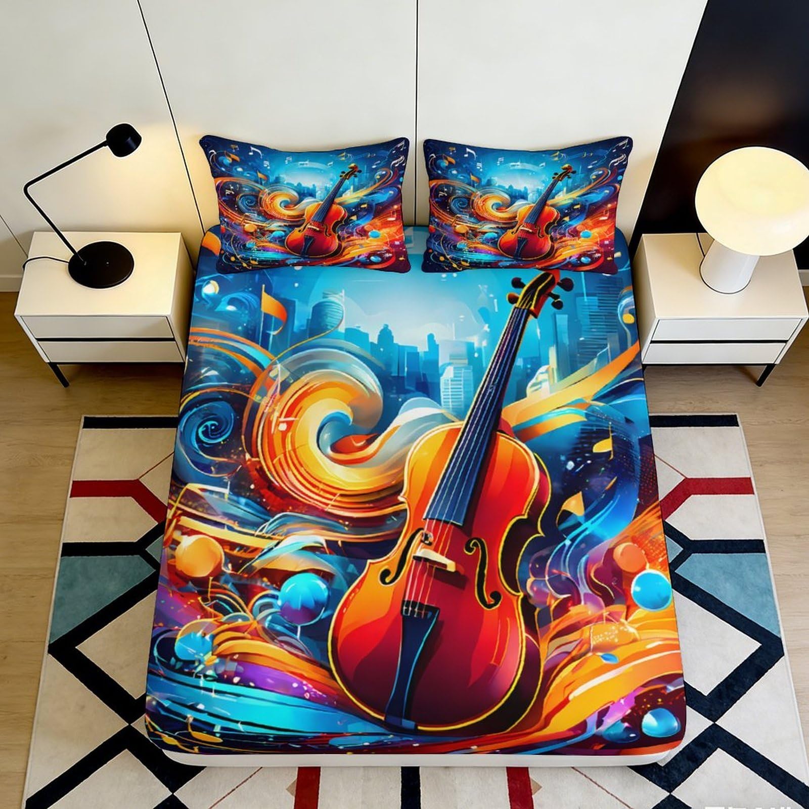 3D Printed Vibrant Violin Fitted Sheet Microfiber Soft Artistic Music City Bed Cover for Bedroom Dorm Mattress Protection Decor 90x200x25cm