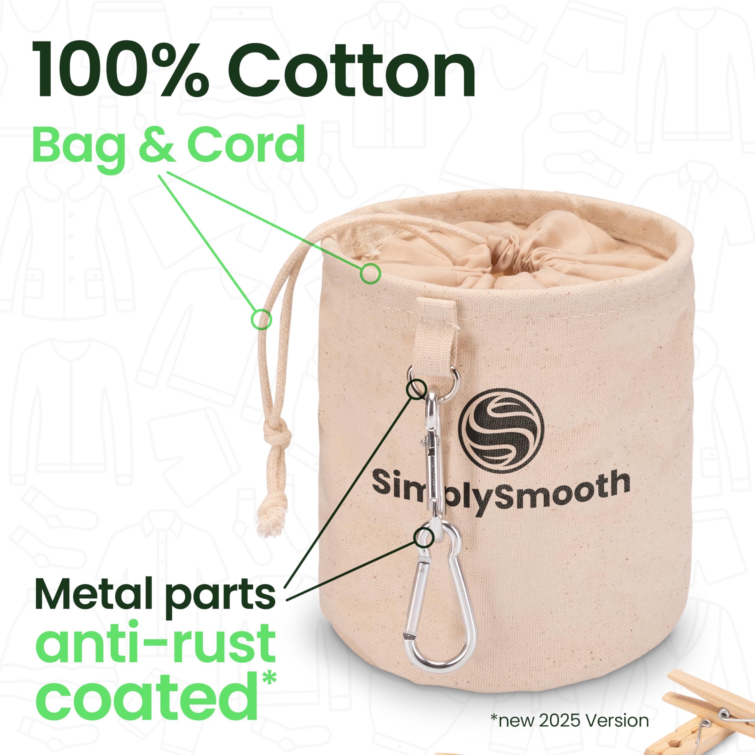 SimplySmooth Worek na spinacze XL na 200 spinaczy do bielizny – worek na klamerki ze 100% bawełny z bardzo dużymi karabińczykami do zawieszenia – kosz na spinacze do prania z zamknięciem