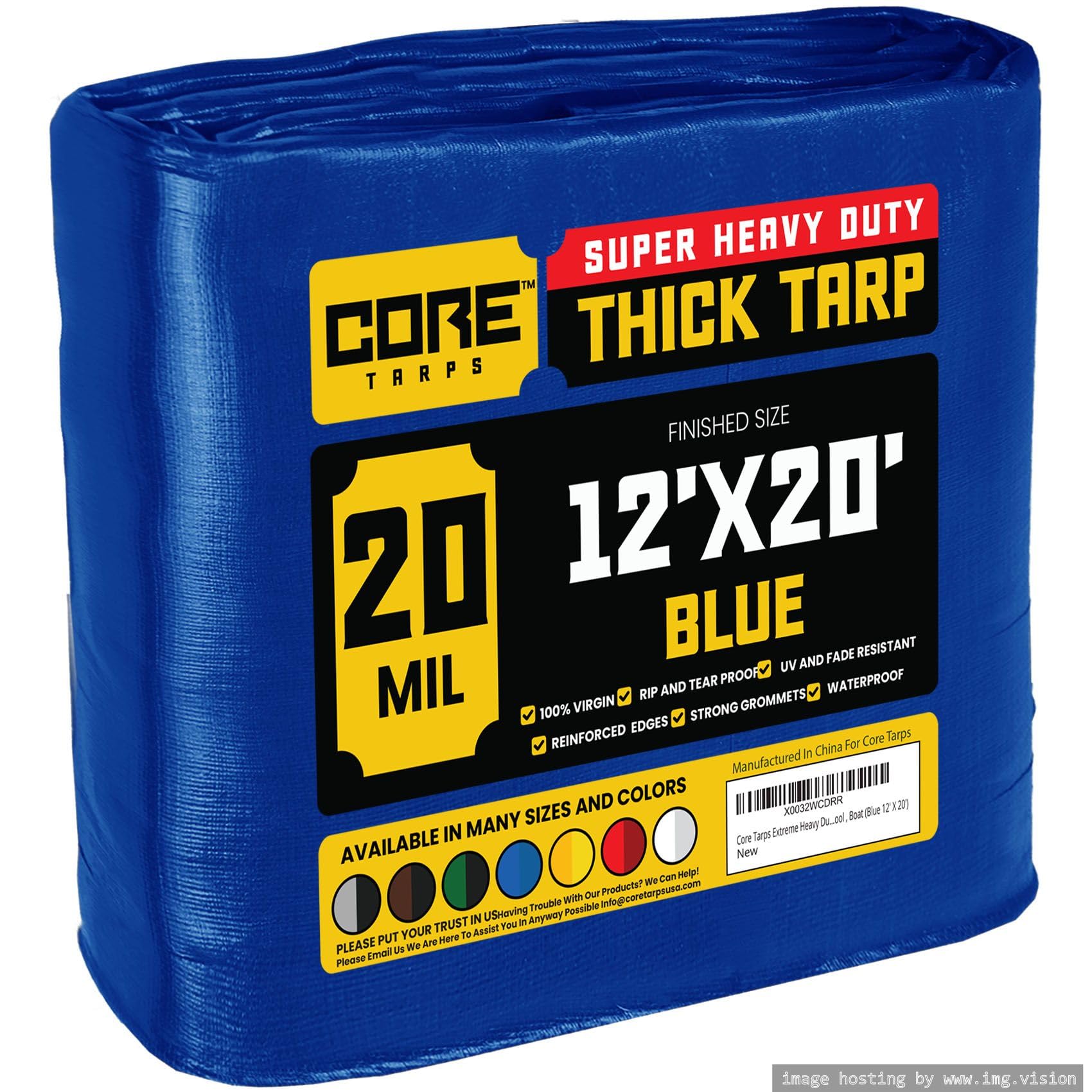 Core Tarps Extreme Heavy Duty 20 Mil Tarp Cover, Waterproof, UV Resistant, Rip and Tear Proof, Poly Tarpaulin with Reinforced Edges for Roof, Patio, Pool, Boat (Blue 12′ X 20′)