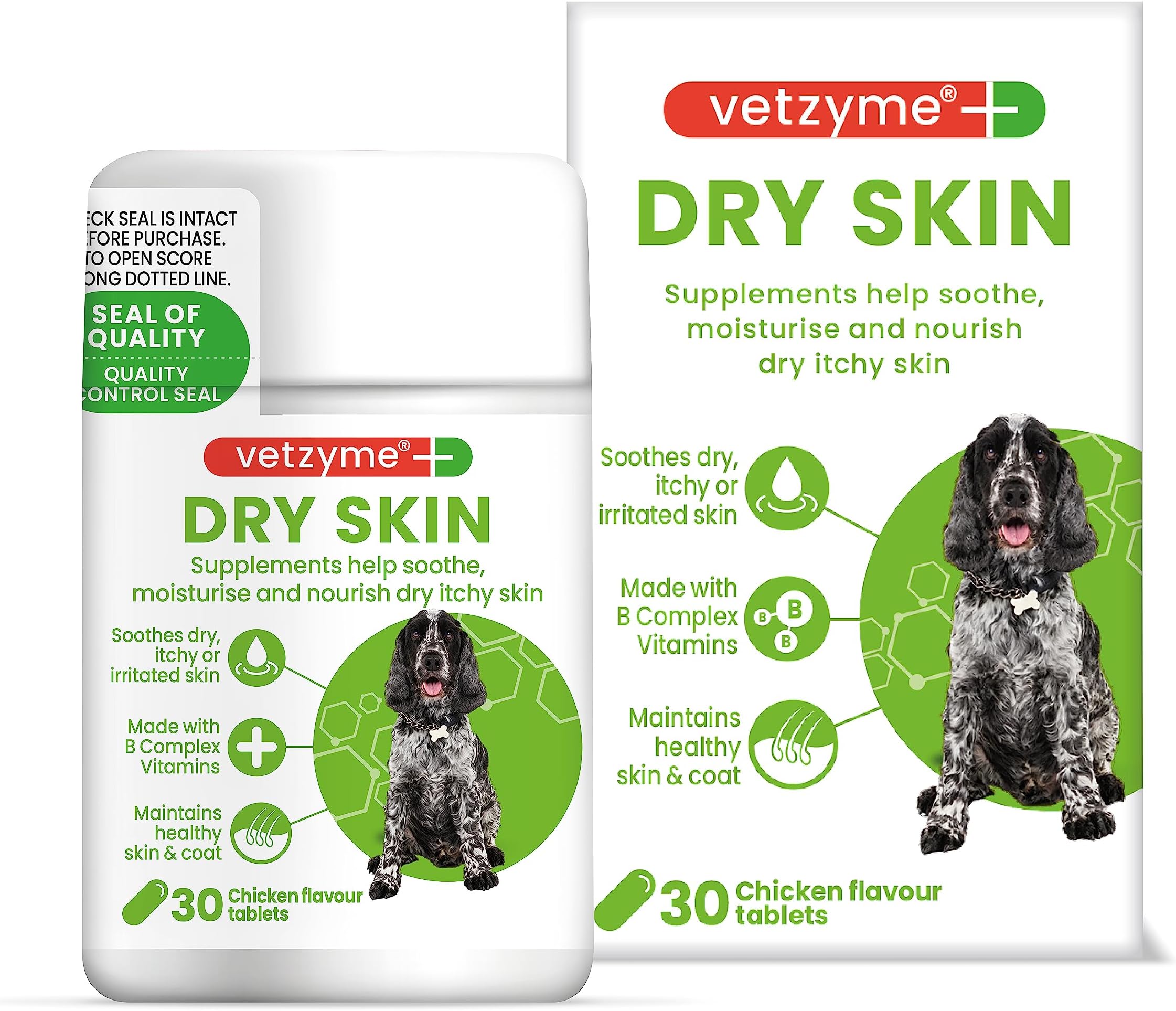 Vetzyme Dry Skin Tablets for Dogs (30 Tablets) - Dry and Itchy Skin Relief, Promotes Healthy and Smooth Skin, Tasty Chicken Flavour